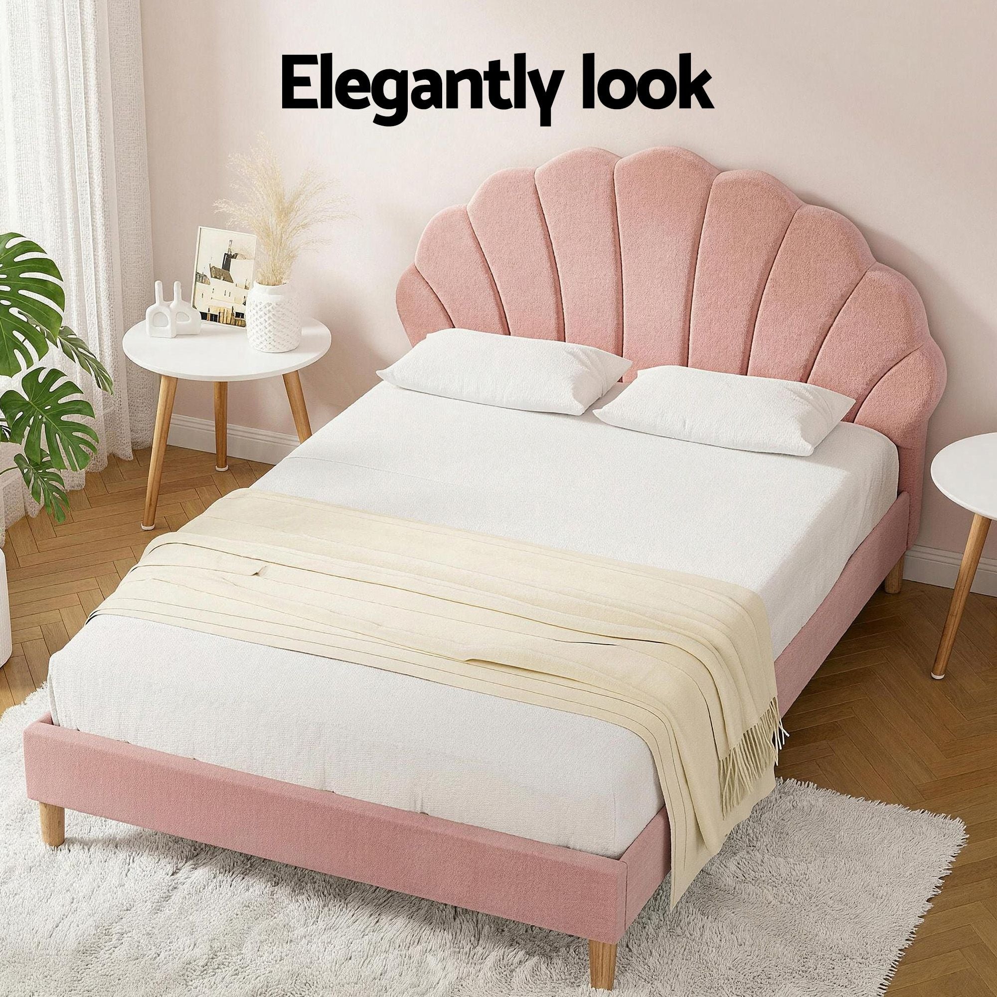Artiss Rosy Double Bed Frame & Callix Round Side Table Set – Pink and White