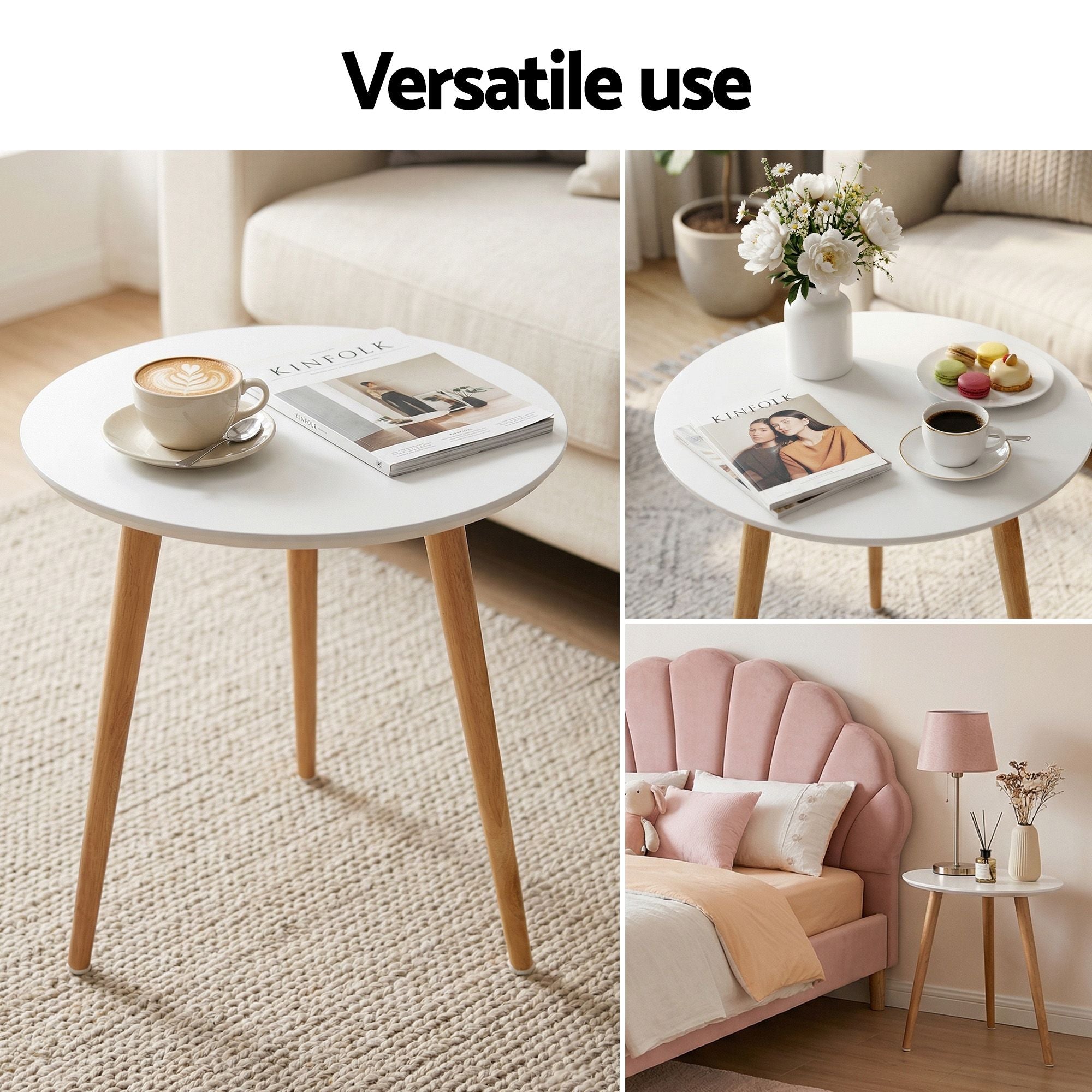 Artiss Rosy Double Bed Frame & Callix Round Side Table Set – Pink and White