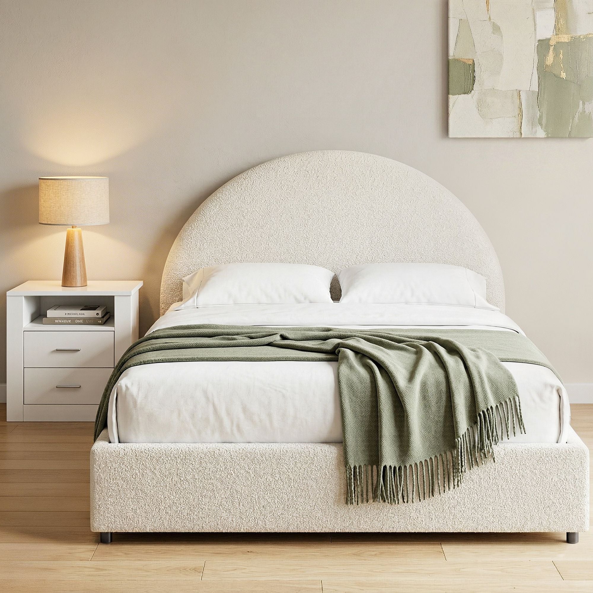 Artiss Gas-Lift Queen Bed Frame & 2-Drawer Bedside Table Set – Beige and White/Oak