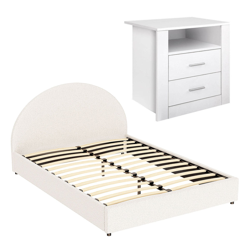 Artiss Gas-Lift Queen Bed Frame & 2-Drawer Bedside Table Set – Beige and White/Oak
