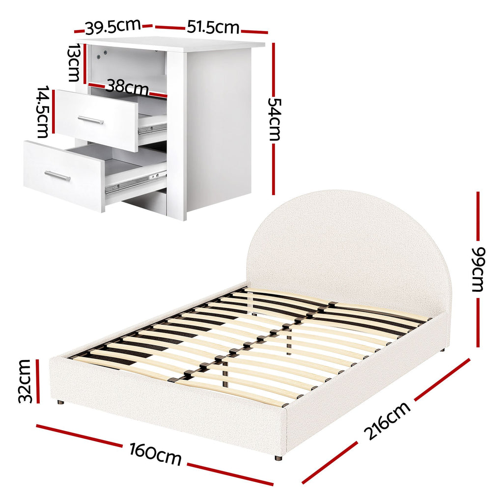 Artiss Gas-Lift Queen Bed Frame & 2-Drawer Bedside Table Set – Beige and White/Oak