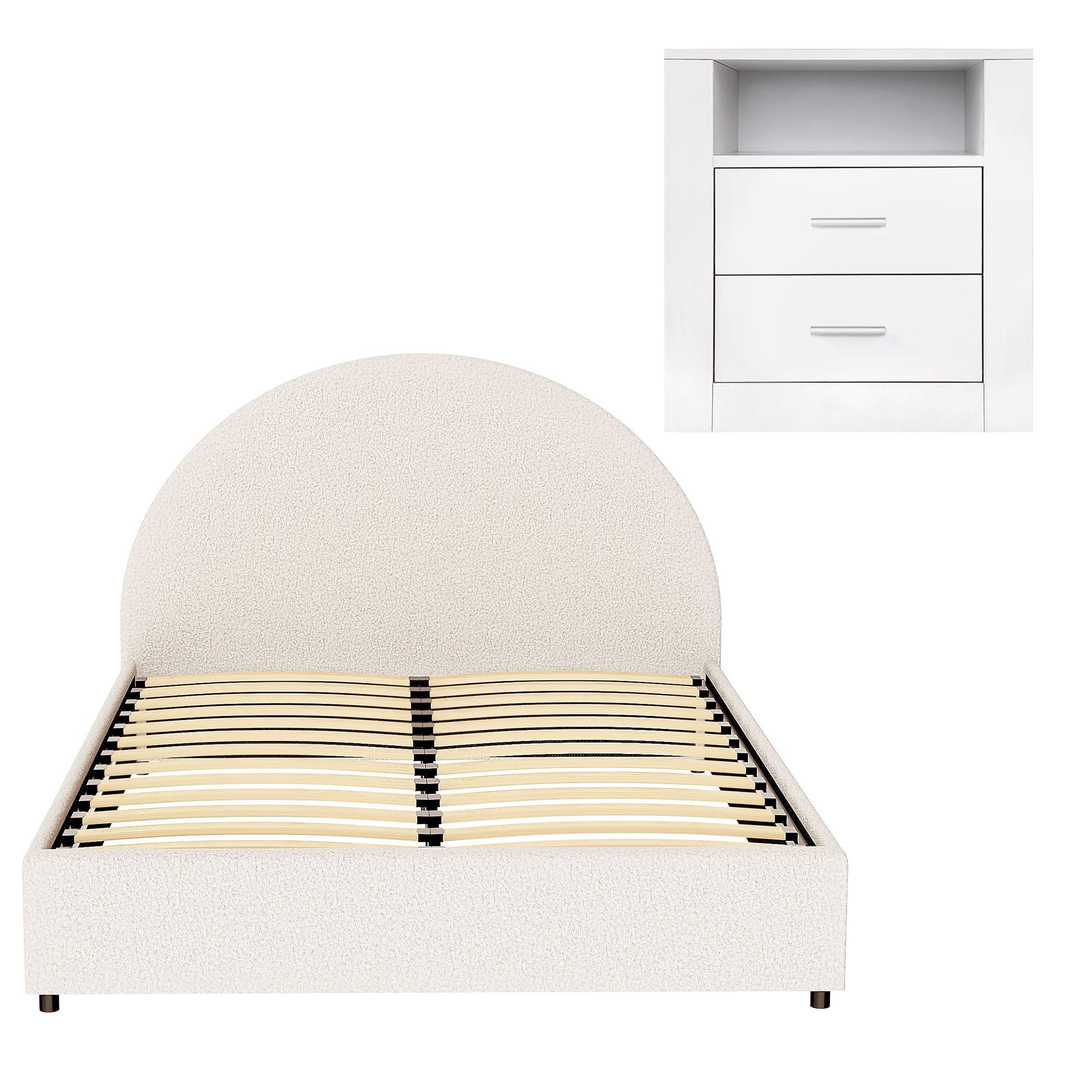 Artiss Gas-Lift Queen Bed Frame & 2-Drawer Bedside Table Set – Beige and White/Oak