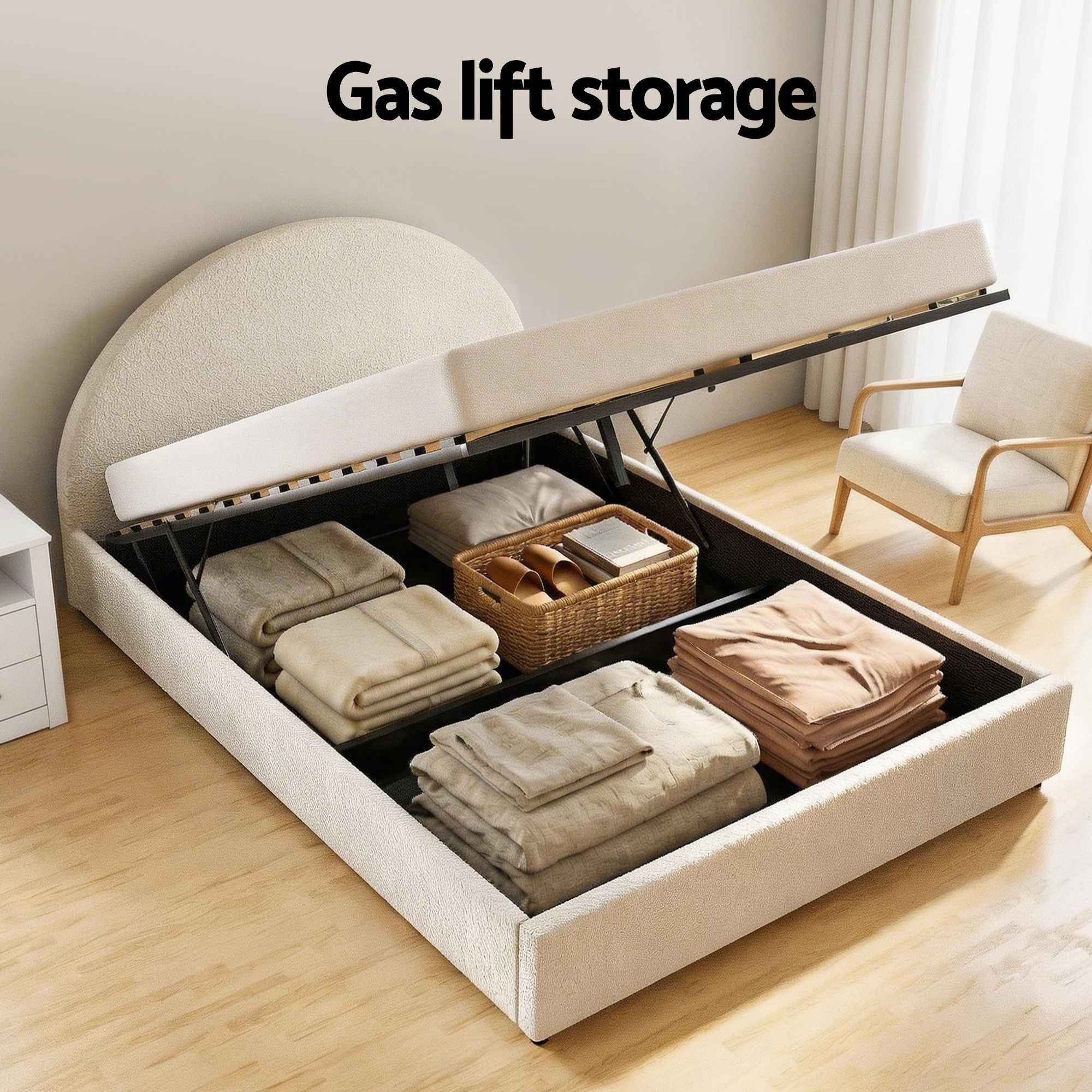 Artiss Gas-Lift Queen Bed Frame & 2-Drawer Bedside Table Set – Beige and White/Oak