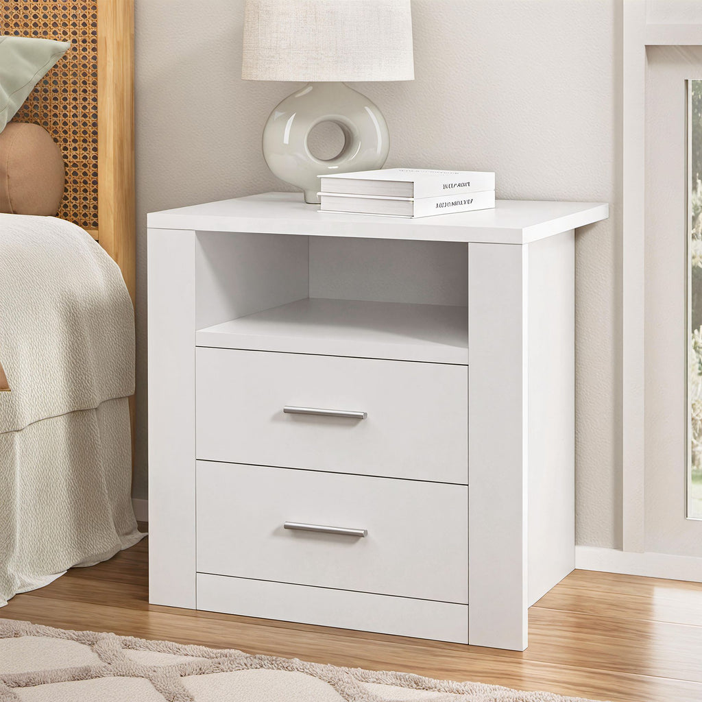 Artiss Gas-Lift Queen Bed Frame & 2-Drawer Bedside Table Set – Beige and White/Oak