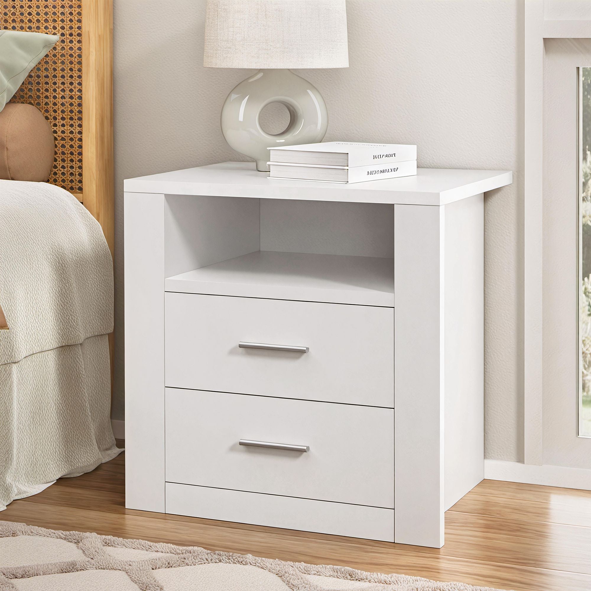 Artiss Gas-Lift Queen Bed Frame & 2-Drawer Bedside Table Set – Beige and White/Oak