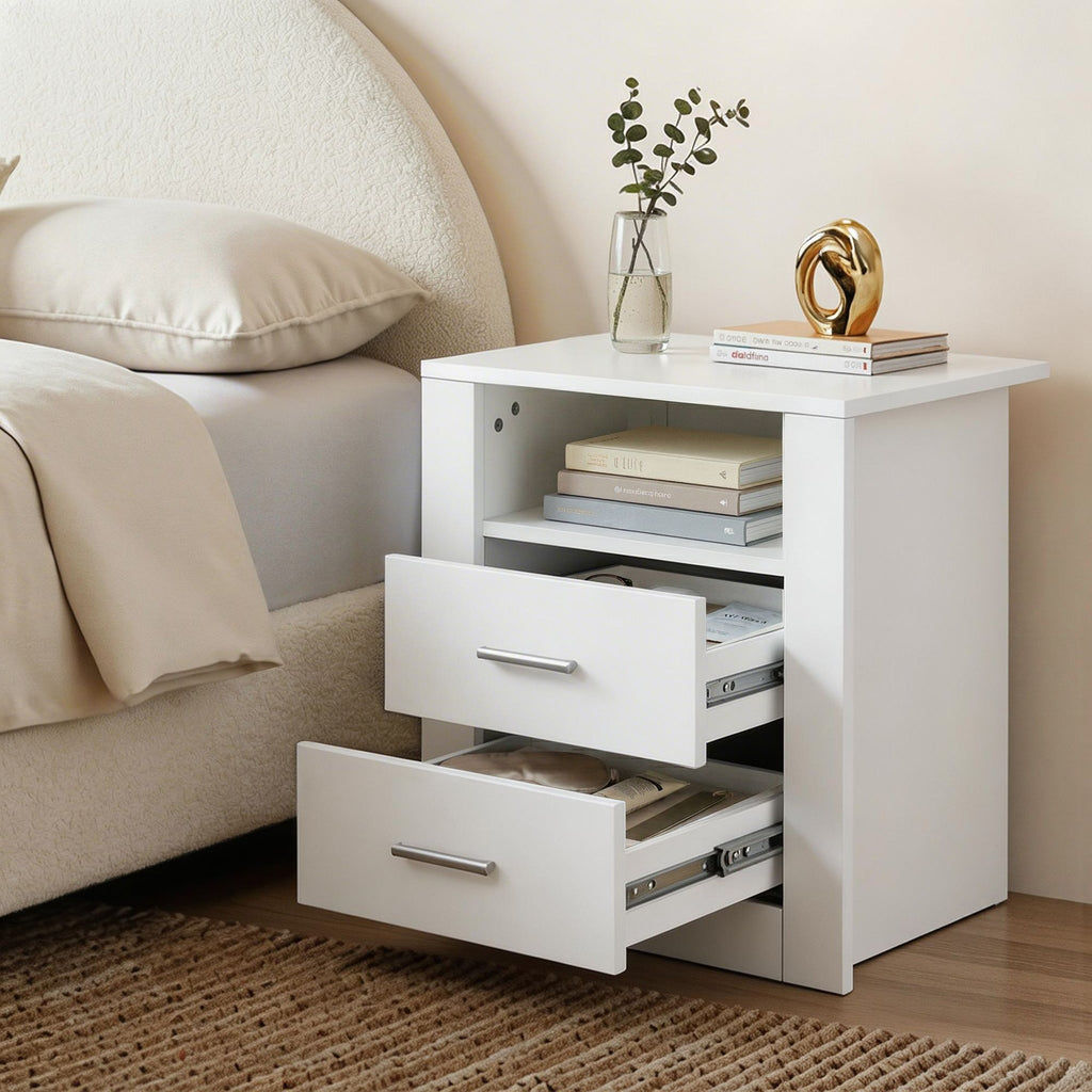 Artiss Gas-Lift Queen Bed Frame & 2-Drawer Bedside Table Set – Beige and White/Oak