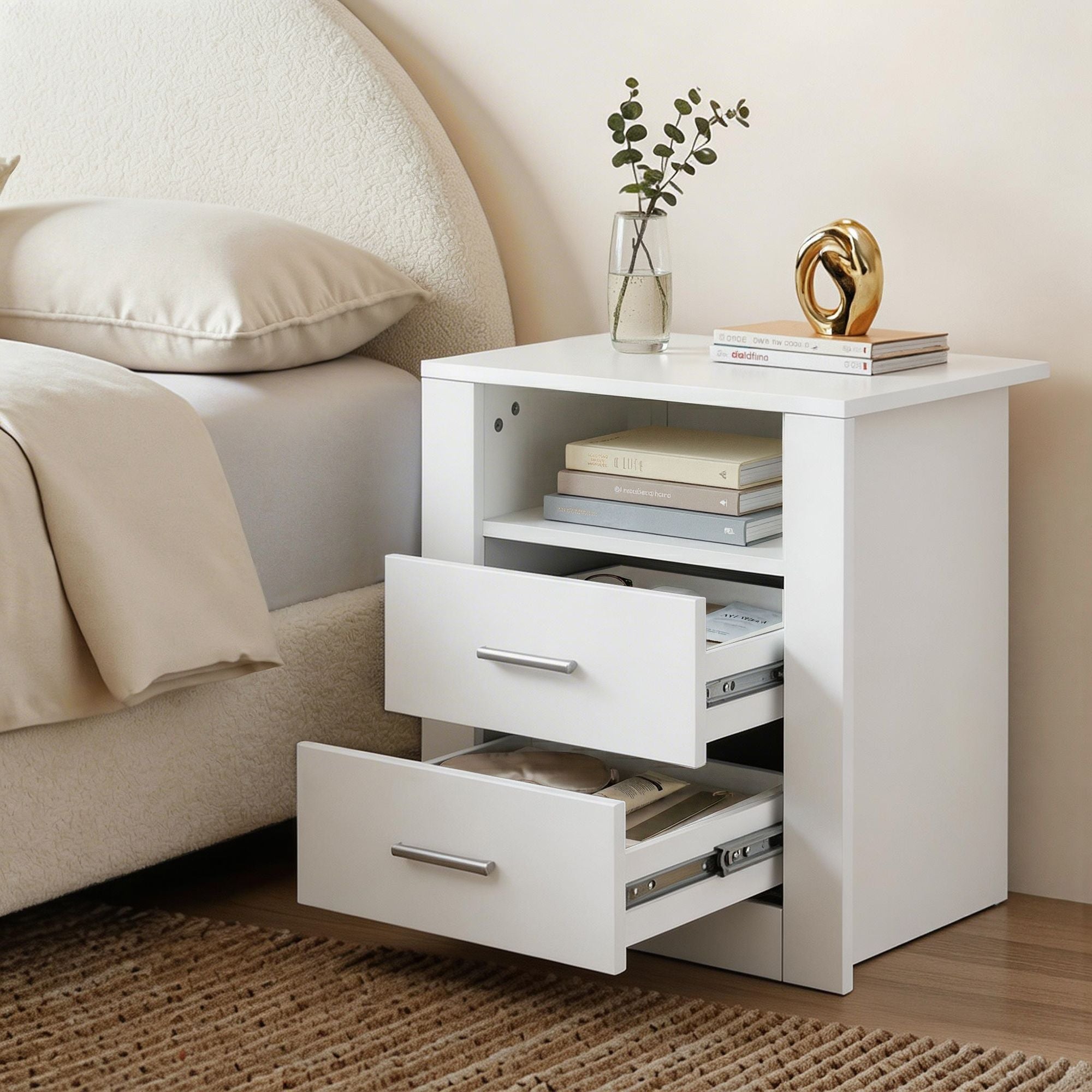 Artiss Gas-Lift Queen Bed Frame & 2-Drawer Bedside Table Set – Beige and White/Oak