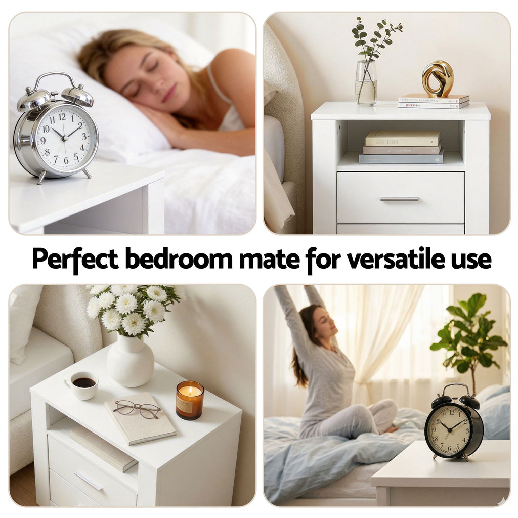Artiss Gas-Lift Queen Bed Frame & 2-Drawer Bedside Table Set – Beige and White/Oak