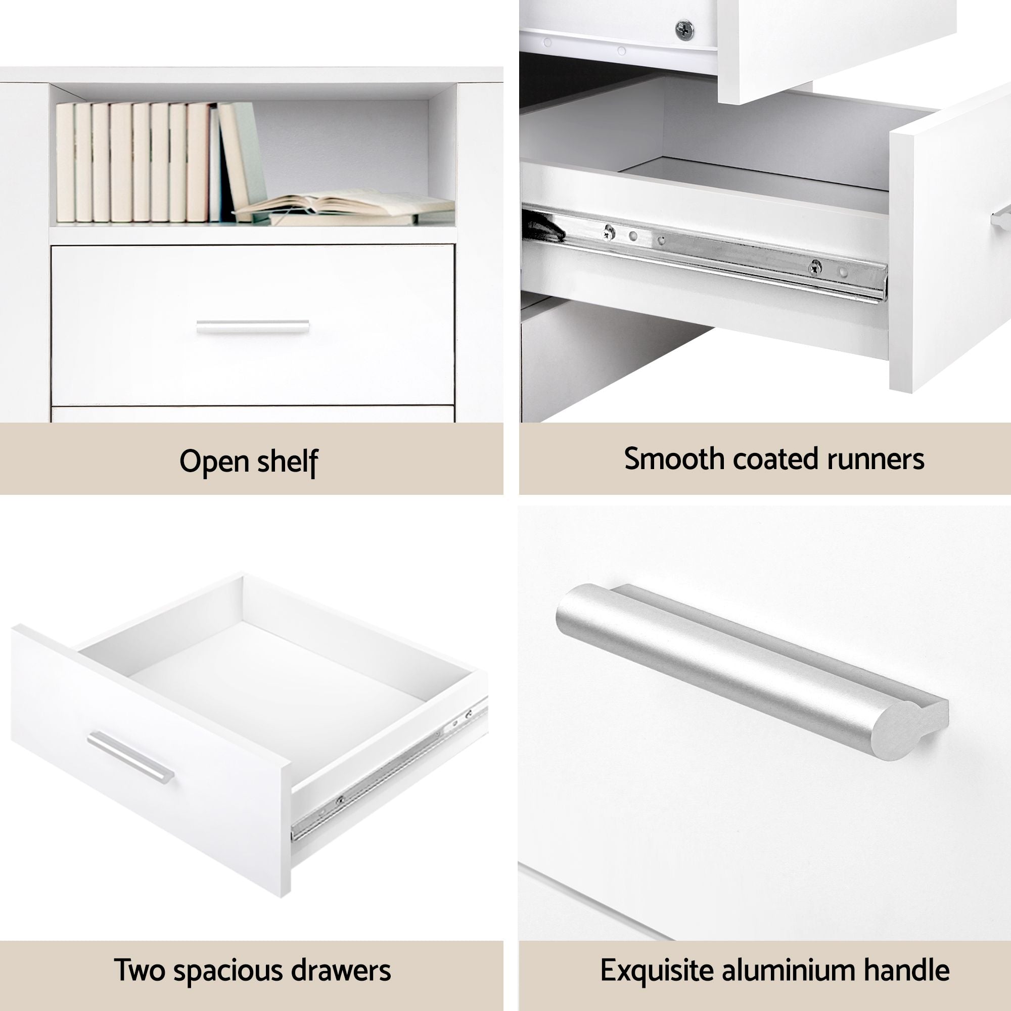 Artiss Gas-Lift Queen Bed Frame & 2-Drawer Bedside Table Set – Beige and White/Oak