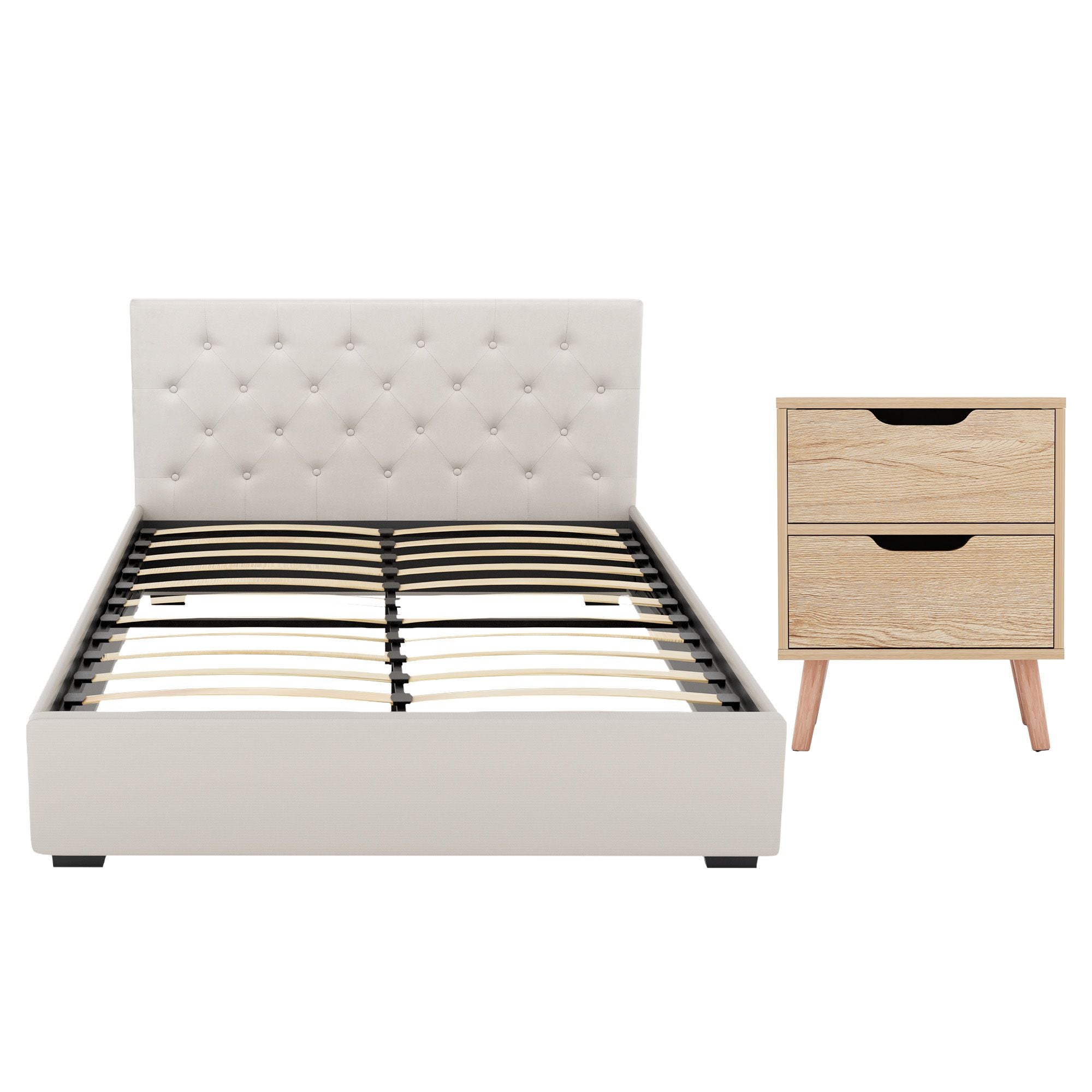 Artiss Gas-Lift Double Bed Frame & 2-Drawer Bedside Table Set – Beige and Black