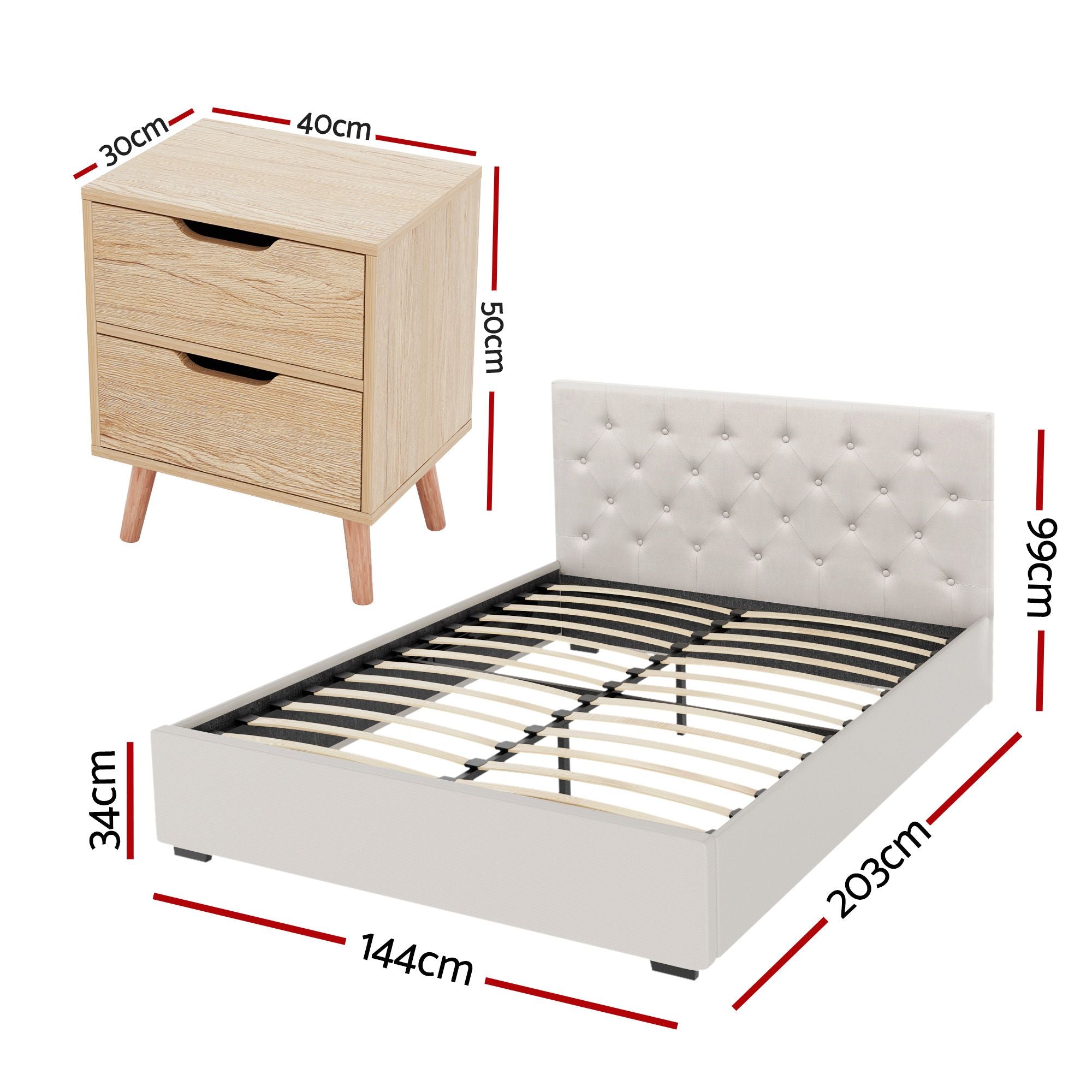 Artiss Gas-Lift Double Bed Frame & 2-Drawer Bedside Table Set – Beige and Black