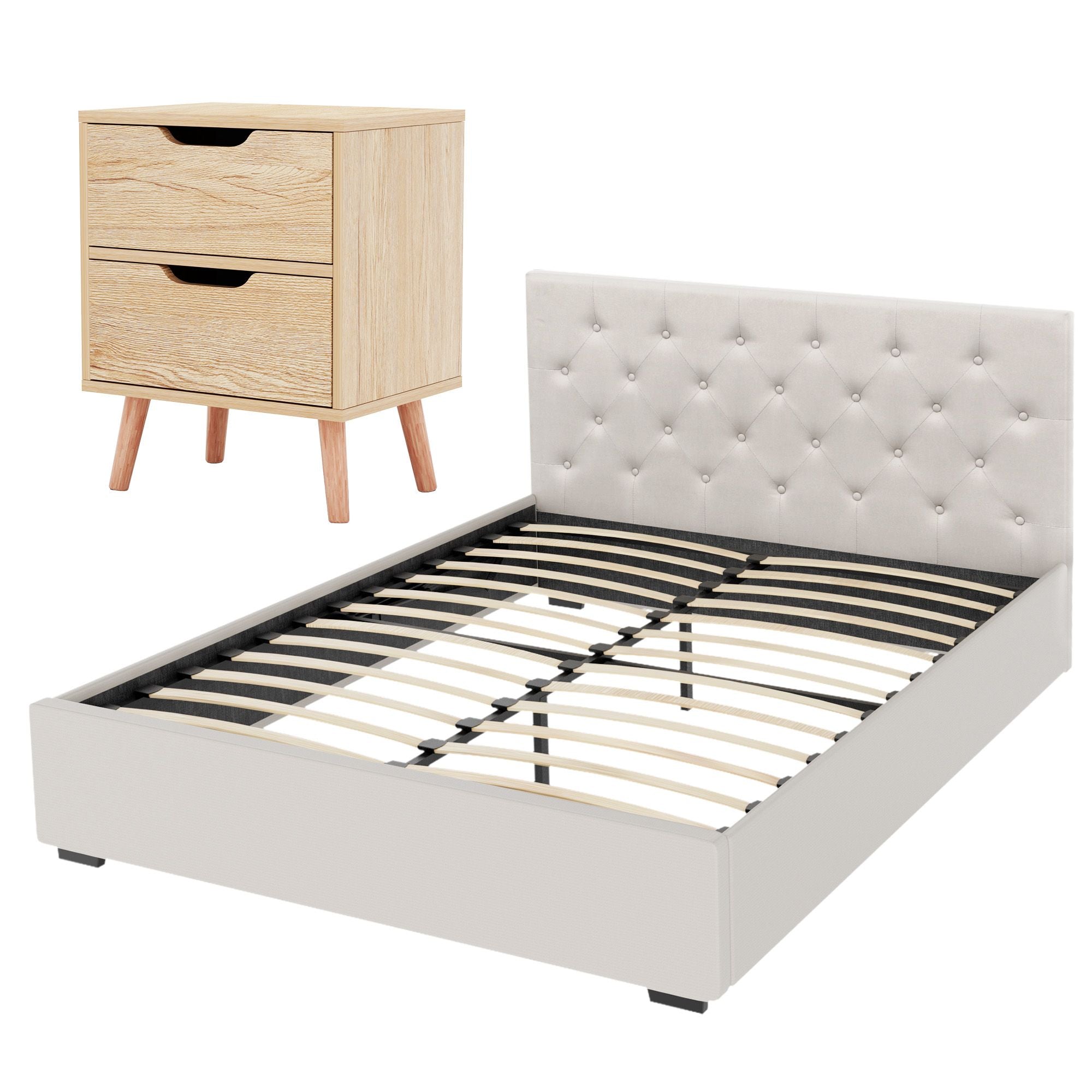 Artiss Gas-Lift Double Bed Frame & 2-Drawer Bedside Table Set – Beige and Black