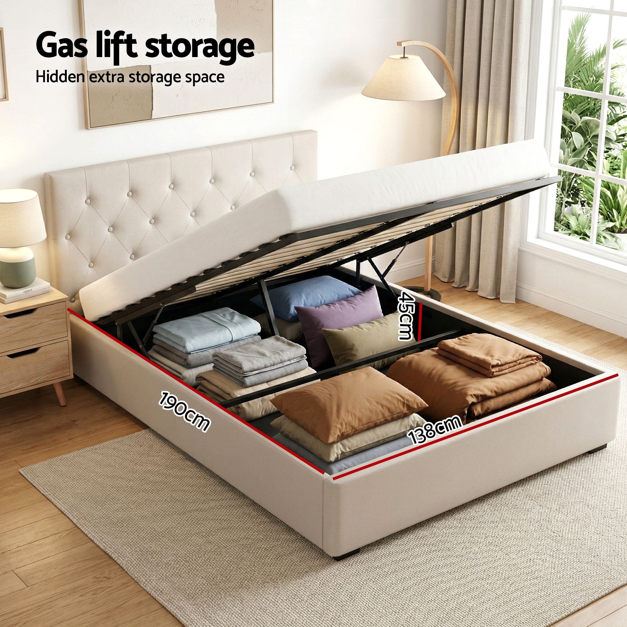 Artiss Gas-Lift Double Bed Frame & 2-Drawer Bedside Table Set – Beige and Black