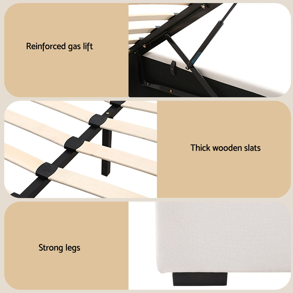 Artiss Gas-Lift Double Bed Frame & 2-Drawer Bedside Table Set – Beige and Black
