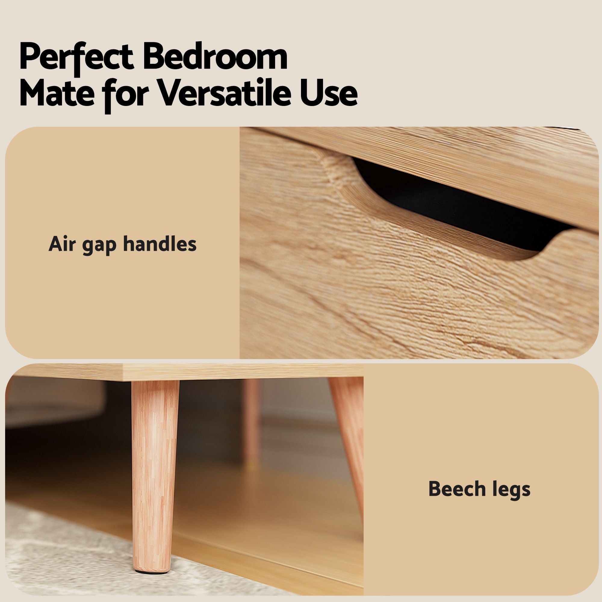 Artiss Gas-Lift Double Bed Frame & 2-Drawer Bedside Table Set – Beige and Black