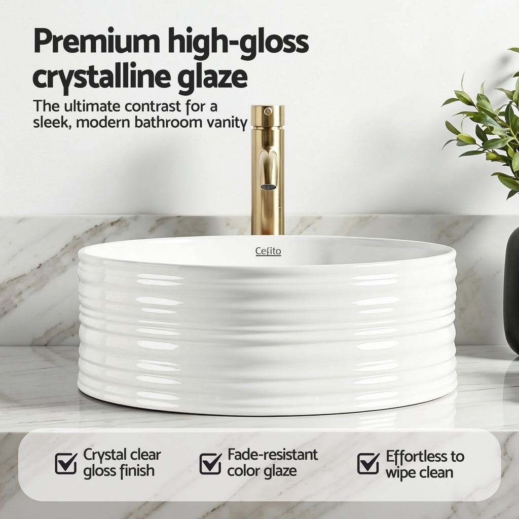 Cefito Bathroom Basin Vanity Sink Vessel Ceramic White Round Countertop 36cm