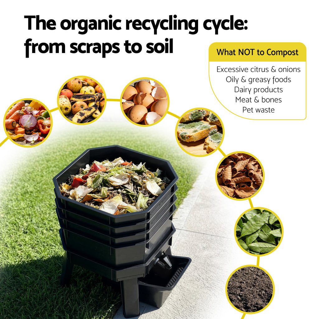 Gardeon Compost Bin 4-Tray Stackable Worm Farm Composter with Liquid Fertiliser Tap