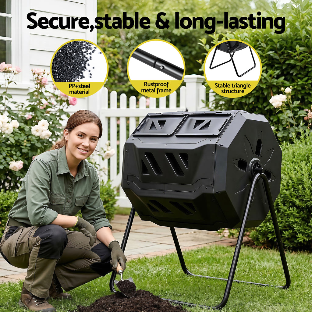 Gardeon Compost Bin Dual-Chamber 160L Composter Tumbler Rotating Garden Recycle Food Waste