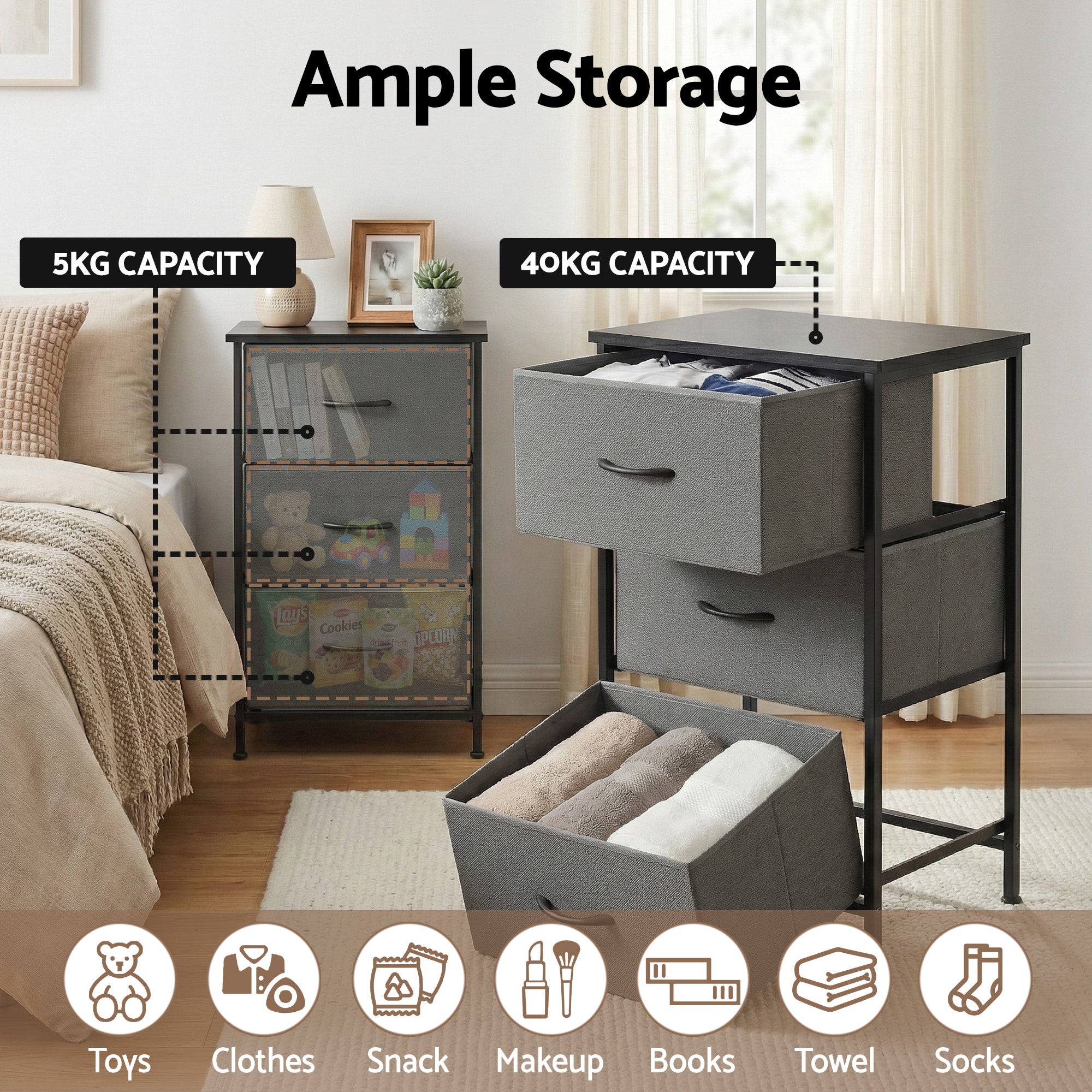 Artiss 3-Drawer Fabric Storage Chest – Grey