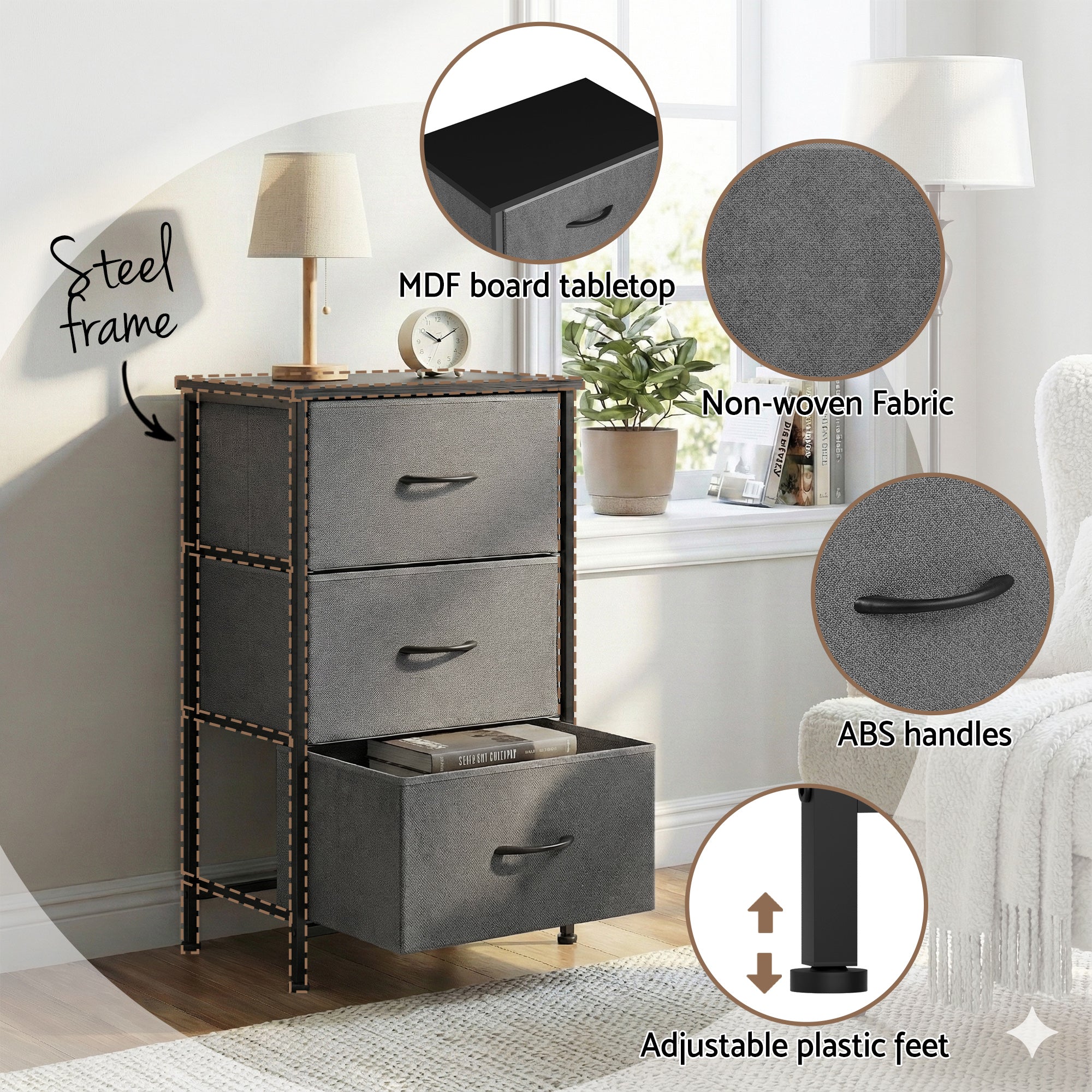 Artiss 3-Drawer Fabric Storage Chest – Grey