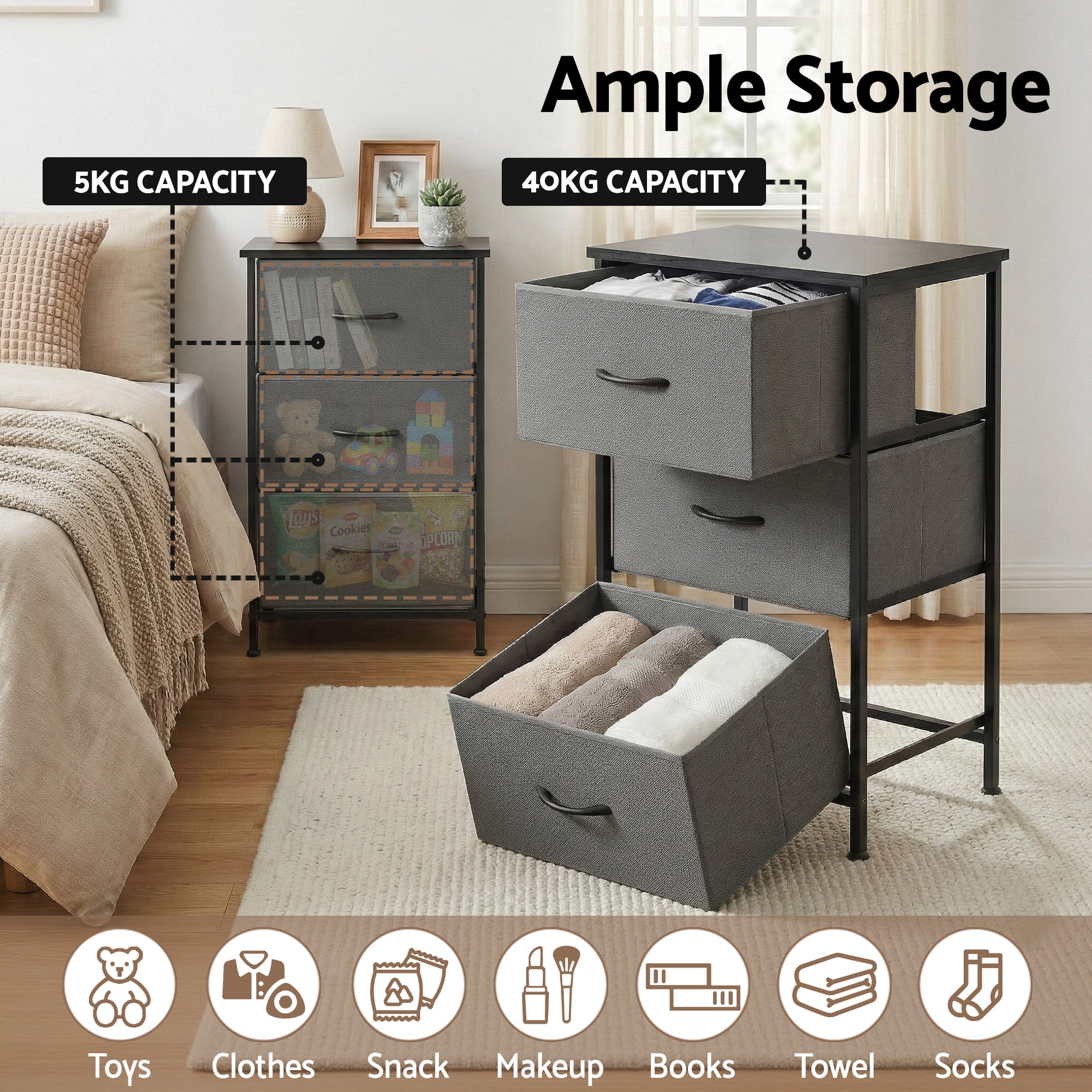 Artiss 3-Drawer Fabric Storage Chests – Grey, Set of 2