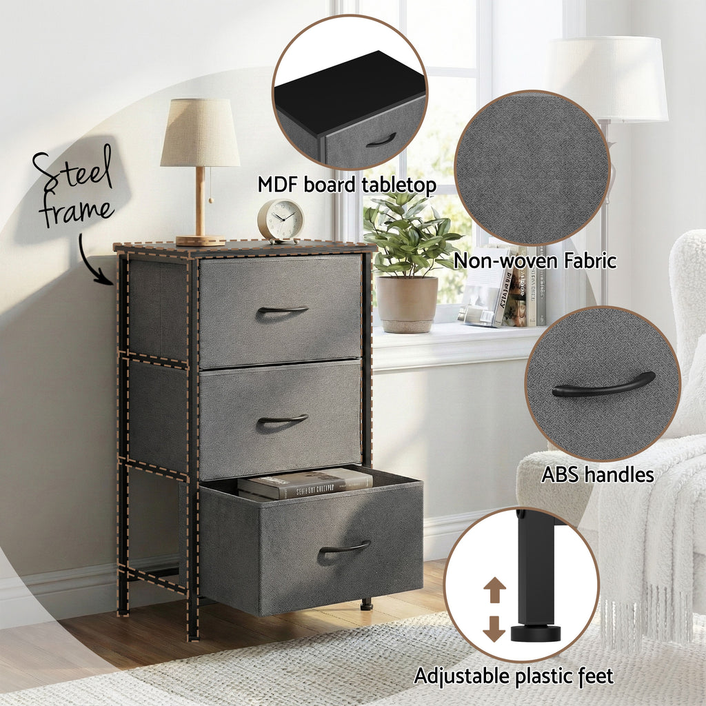 Artiss 3-Drawer Fabric Storage Chests – Grey, Set of 2