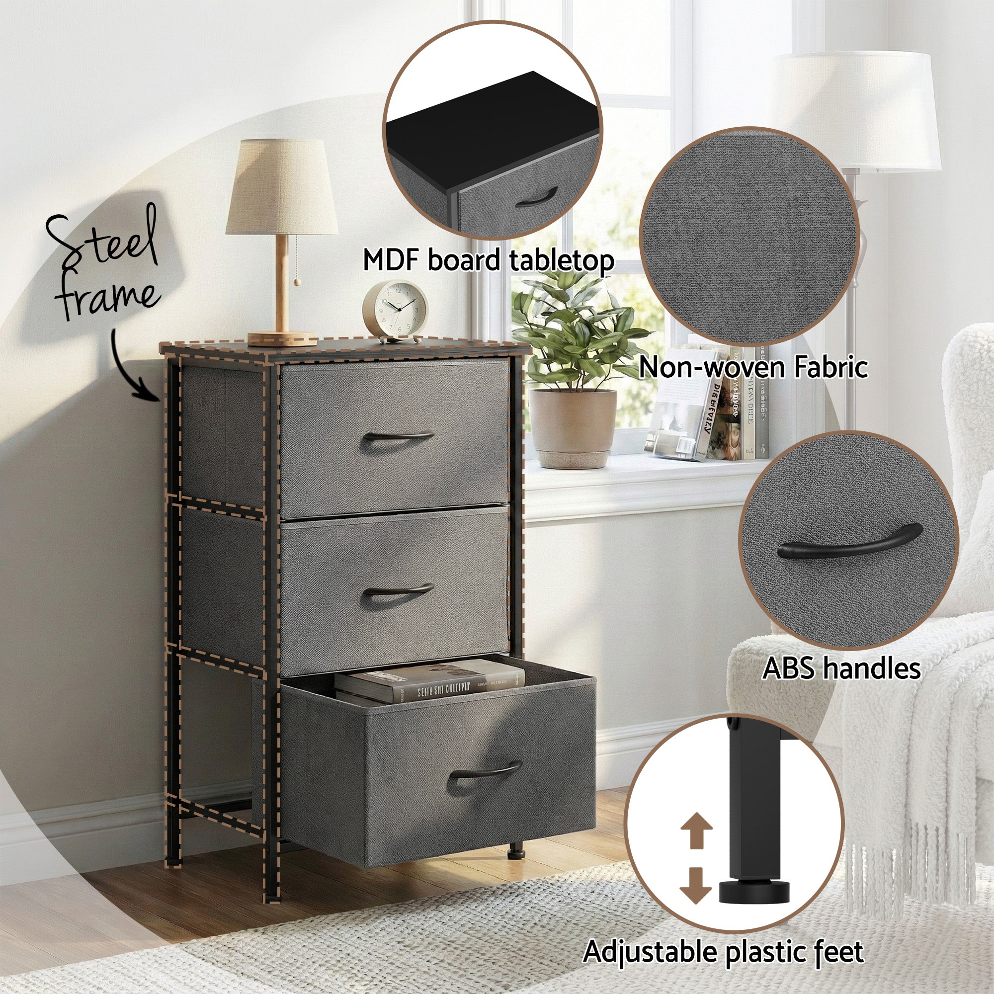 Artiss 3-Drawer Fabric Storage Chests – Grey, Set of 2