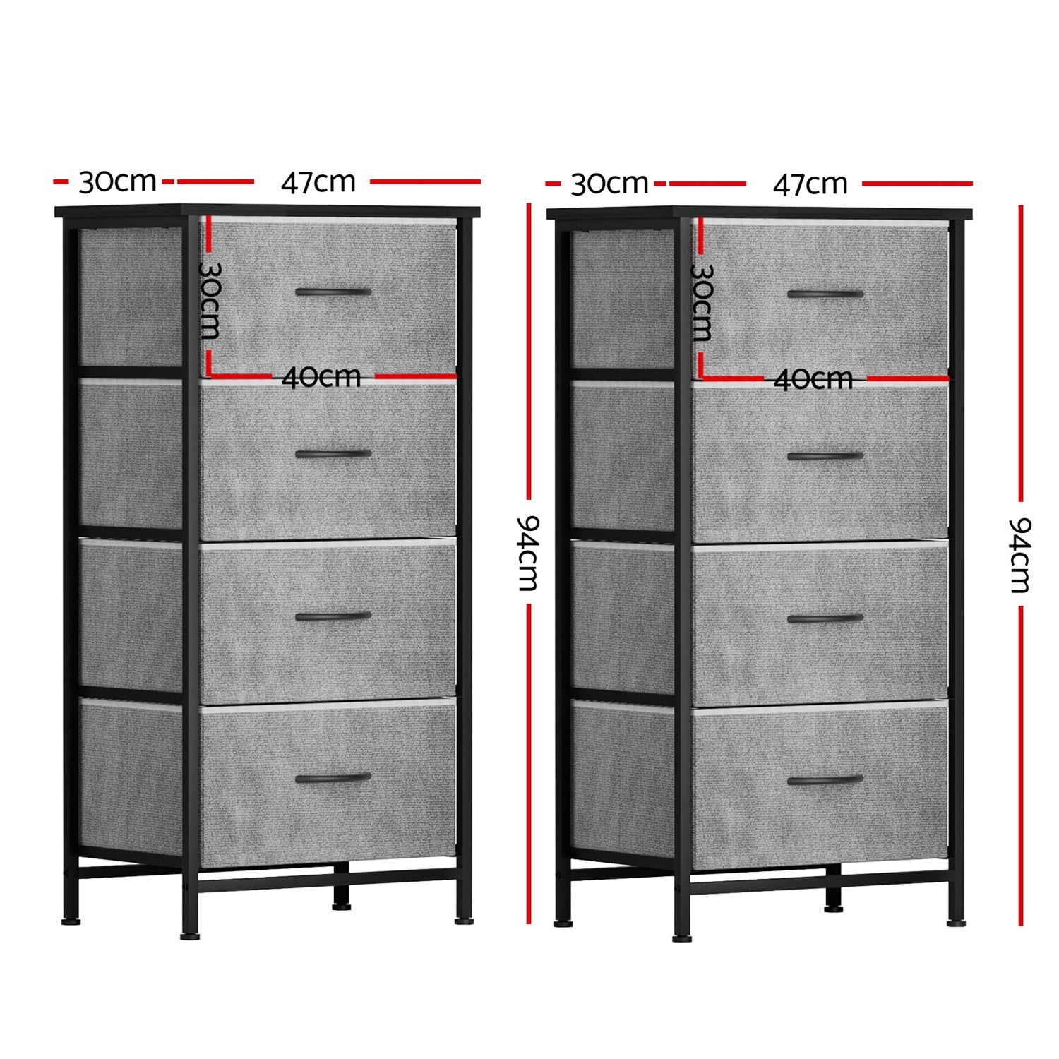 Artiss 4-Drawer Fabric Storage Chests – Grey, Set of 2