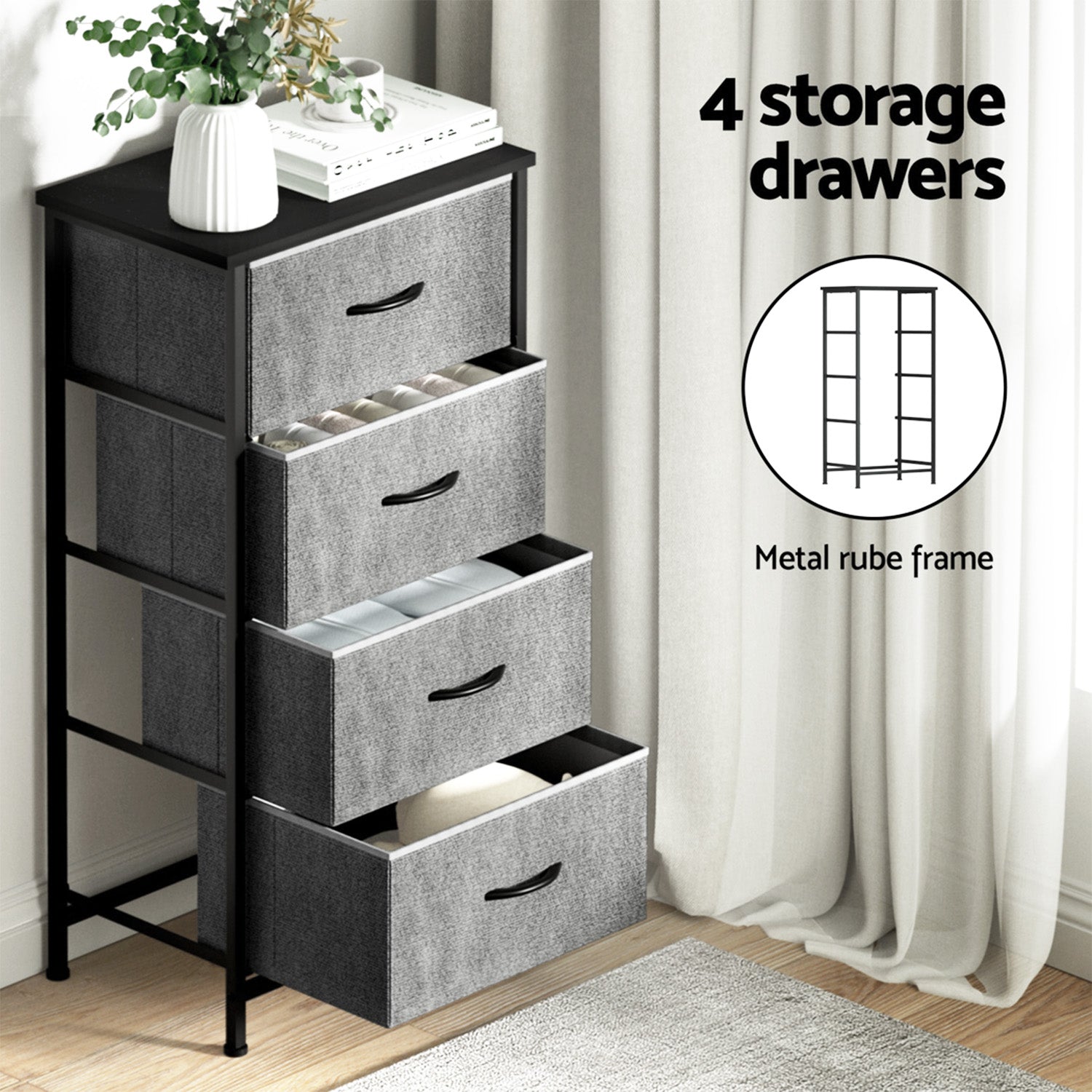 Artiss 4-Drawer Fabric Storage Chests – Grey, Set of 2