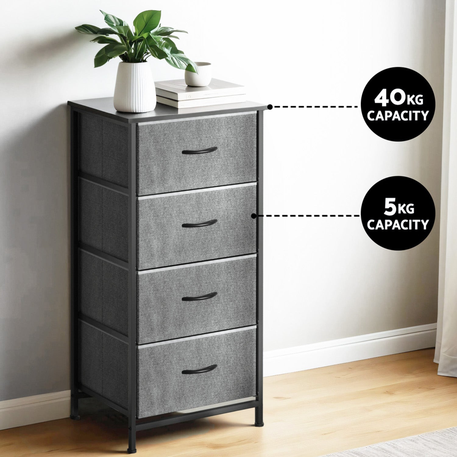 Artiss 4-Drawer Fabric Storage Chests – Grey, Set of 2