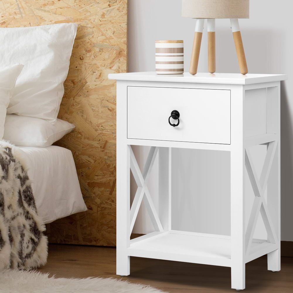 Artiss Emma Bedside Tables with Drawer and Shelf – White, Set of 2