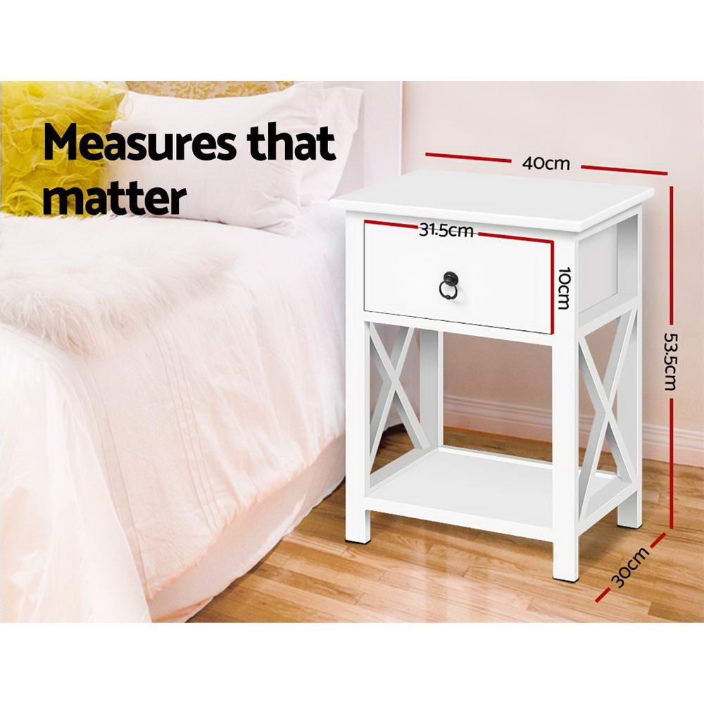 Artiss Emma Bedside Tables with Drawer and Shelf – White, Set of 2