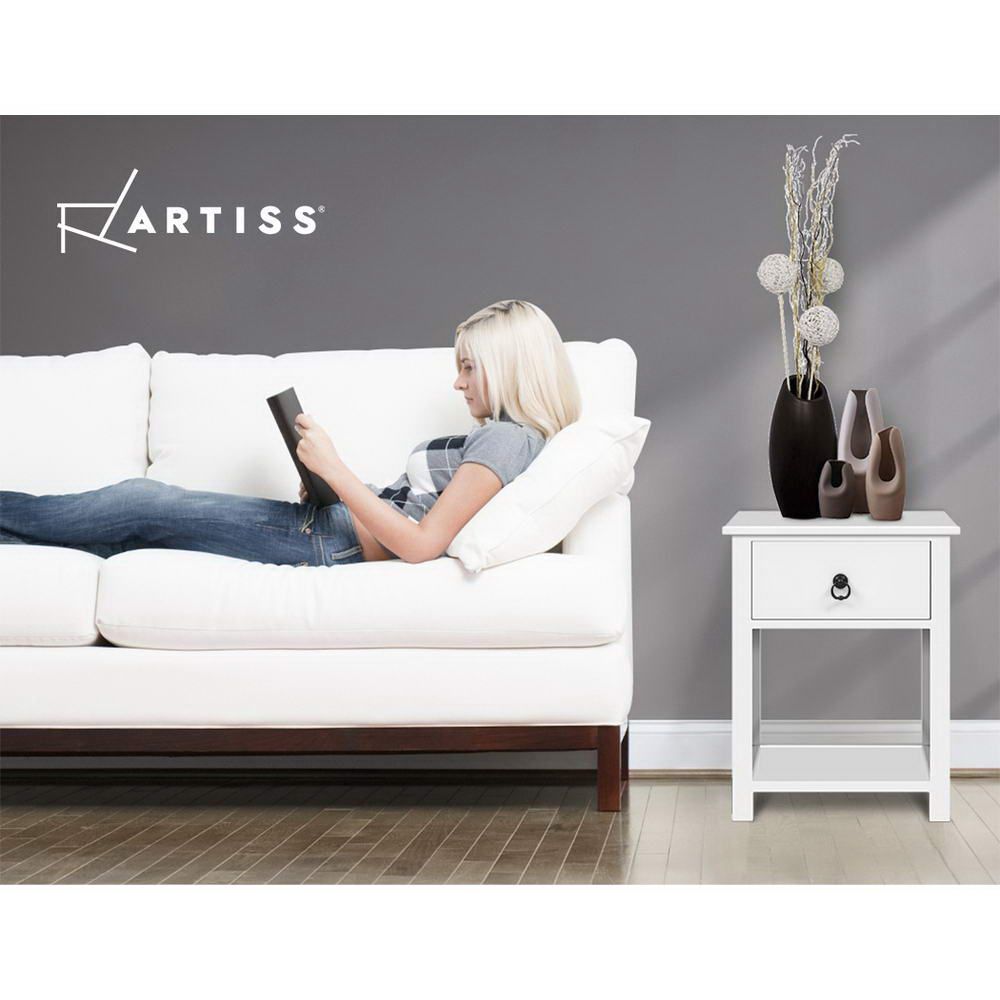Artiss Emma Bedside Tables with Drawer and Shelf – White, Set of 2