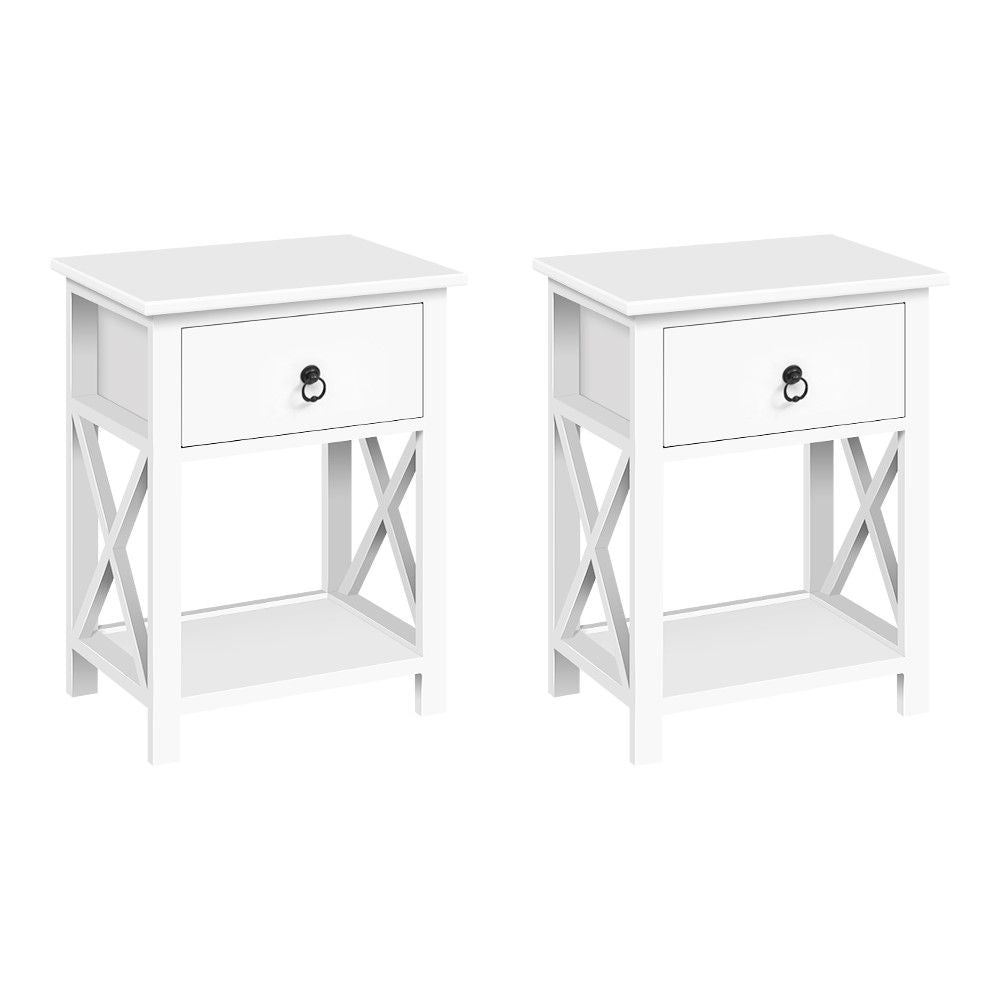 Artiss Emma Bedside Tables with Drawer and Shelf – White, Set of 2