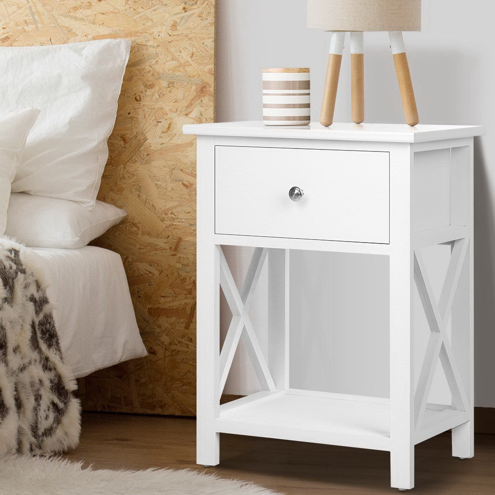 Artiss Emma Bedside Table with Drawer and Shelf – White
