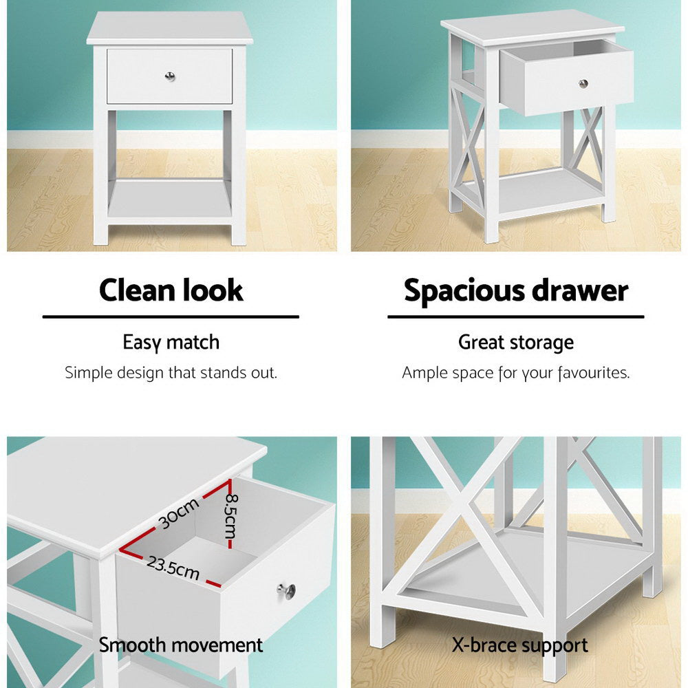 Artiss Emma Bedside Table with Drawer and Shelf – White
