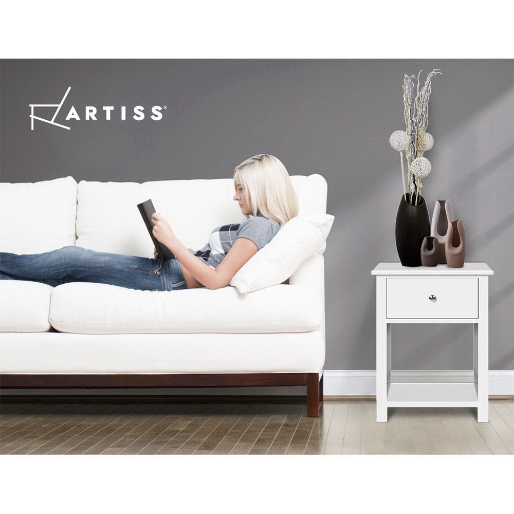 Artiss Emma Bedside Table with Drawer and Shelf – White