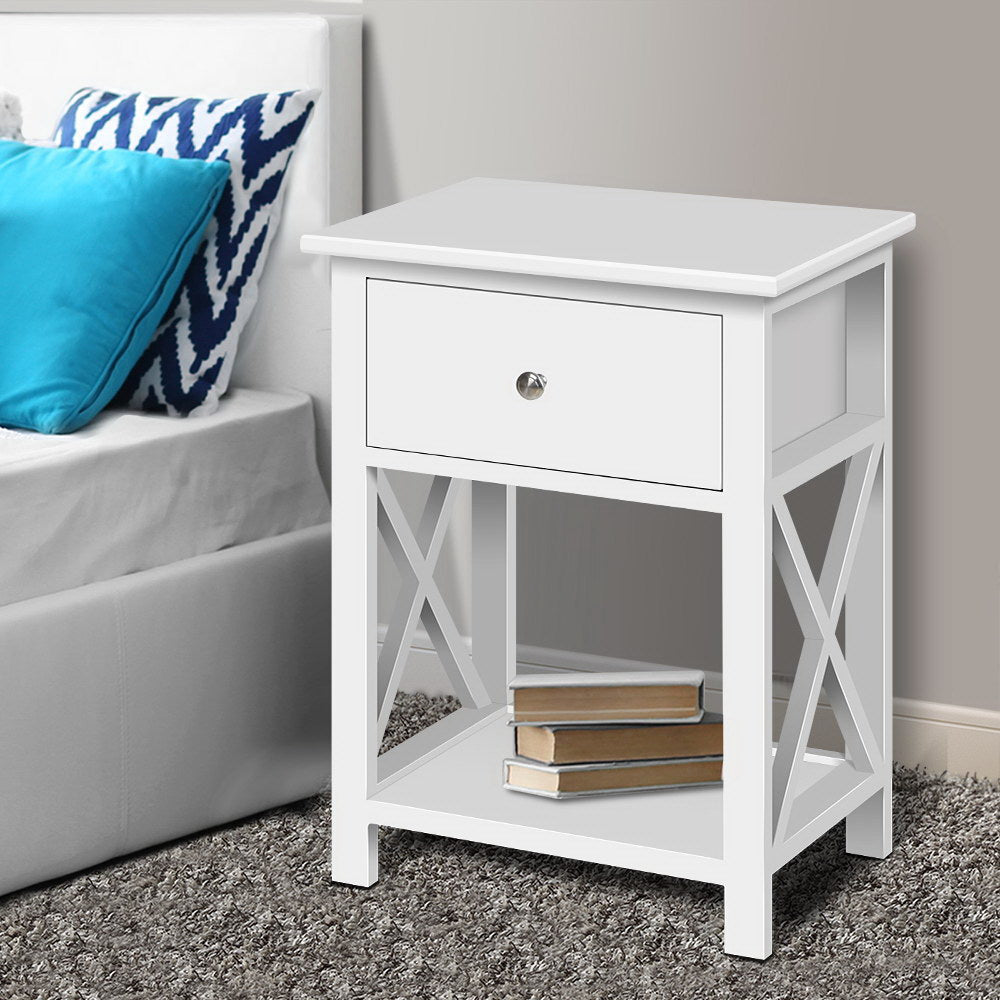 Artiss Emma Bedside Table with Drawer and Shelf – White