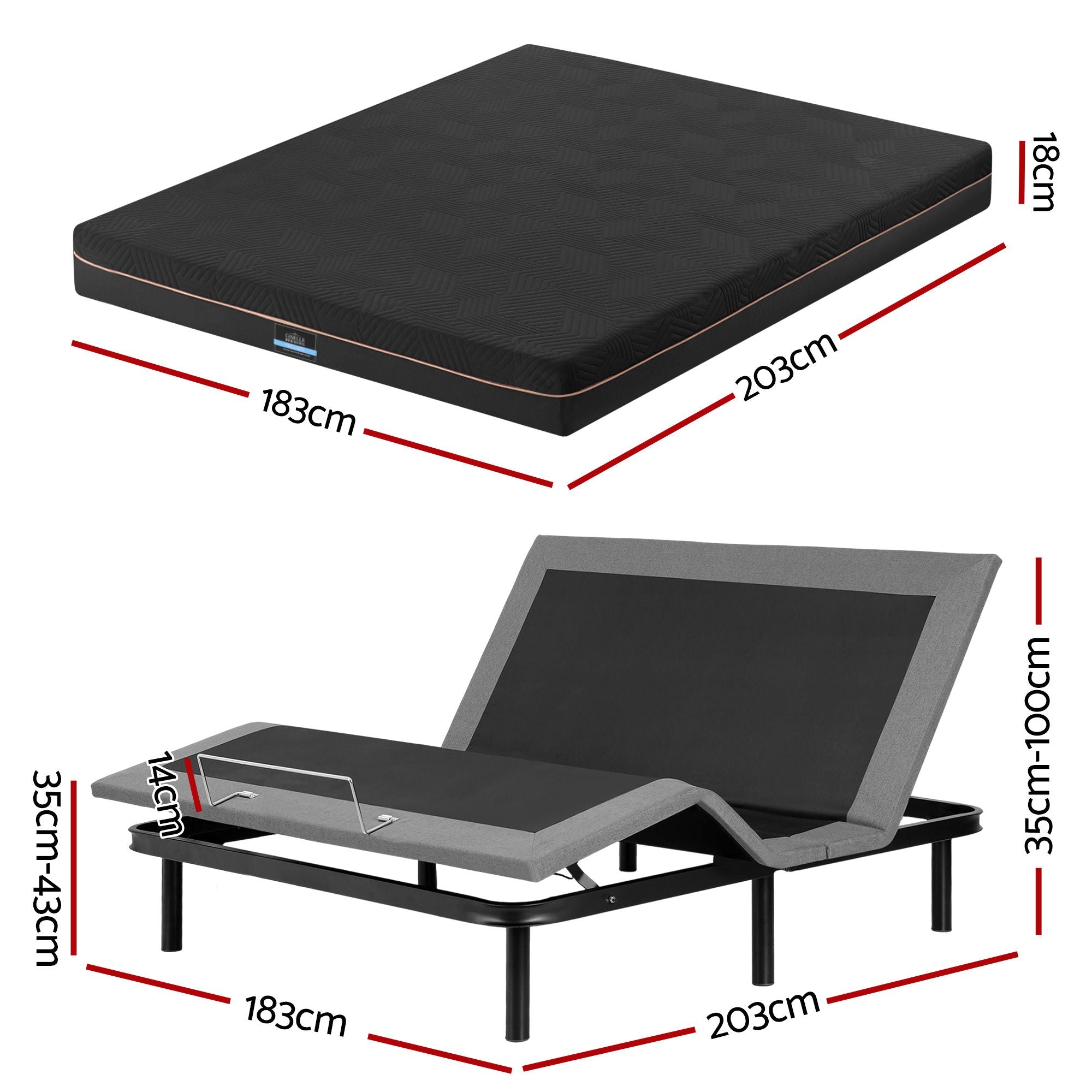 Artiss Adjustable King Bed Base & Giselle 18 cm Memory-Foam Mattress Set – Black