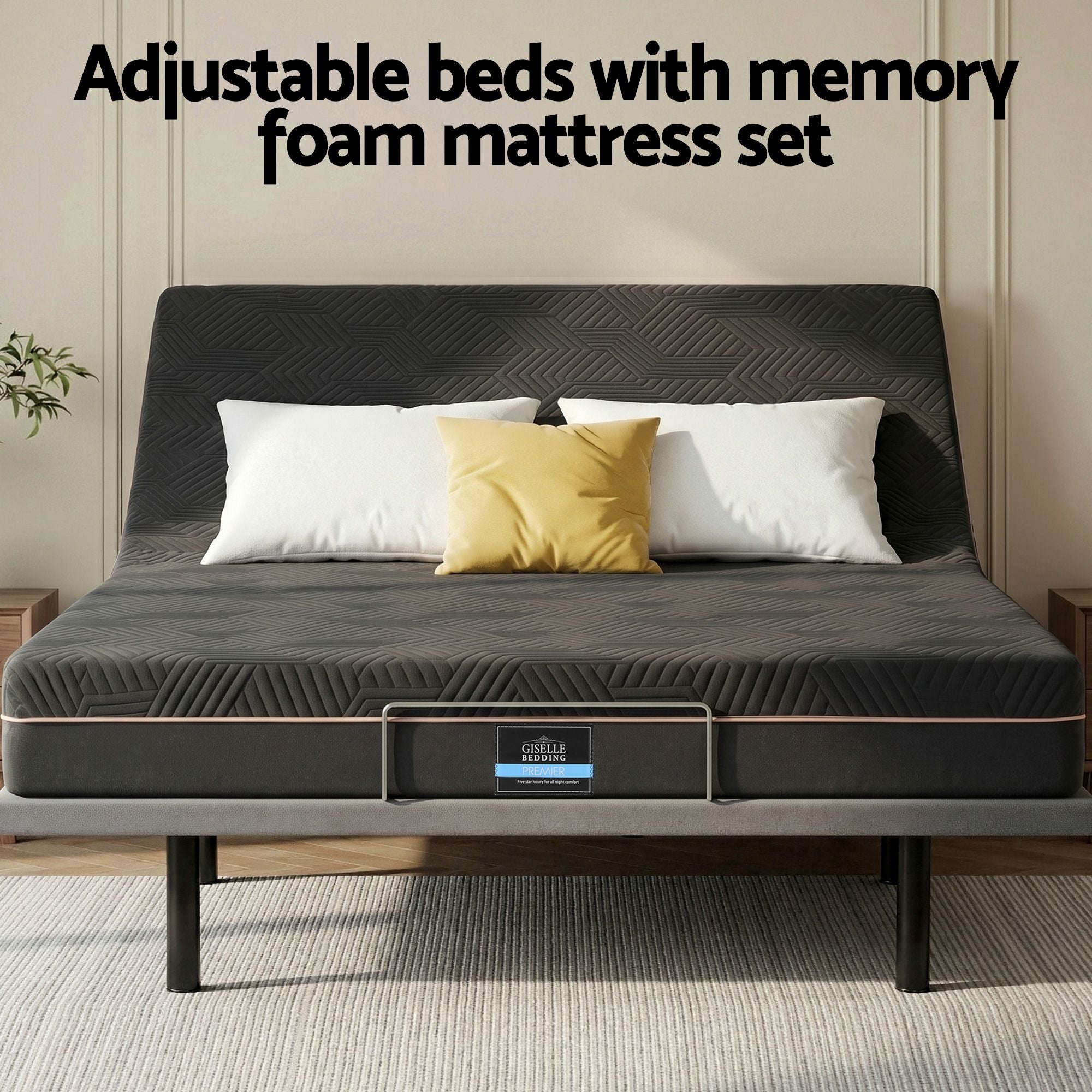 Artiss Adjustable King Bed Base & Giselle 18 cm Memory-Foam Mattress Set – Black