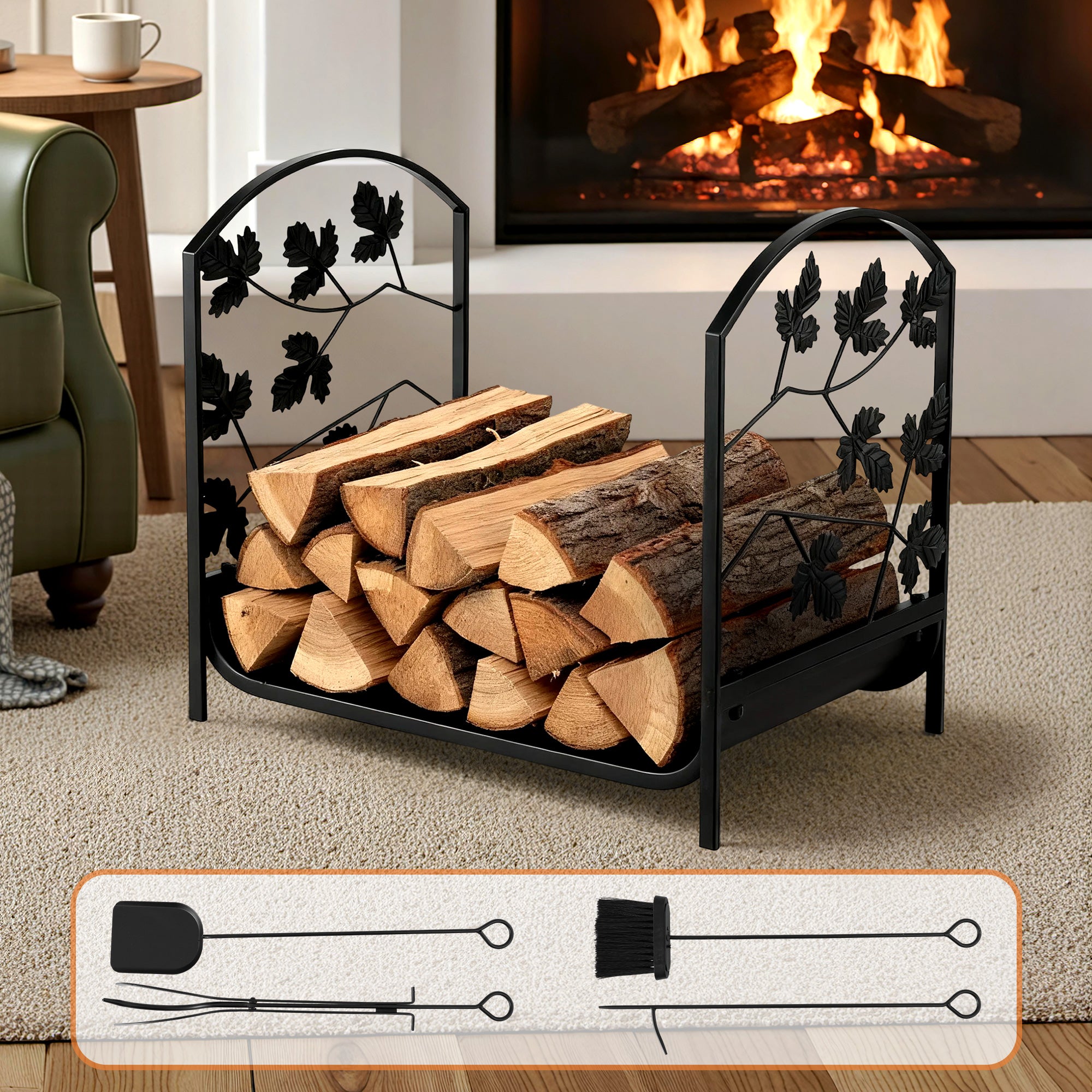 Gardeon Firewood Rack 48cm Wood Rack Firewood Storage Indoor Outdoor Black