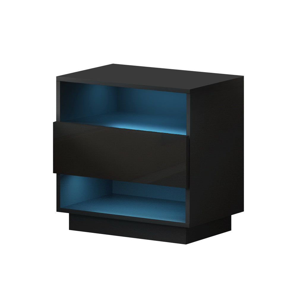 Artiss Hana LED Bedside Table with Drawer and 2 Shelves – Black