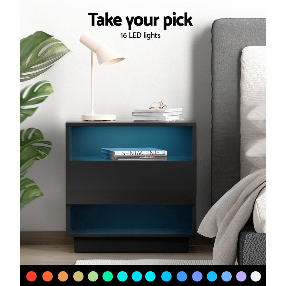 Artiss Hana LED Bedside Table with Drawer and 2 Shelves – Black