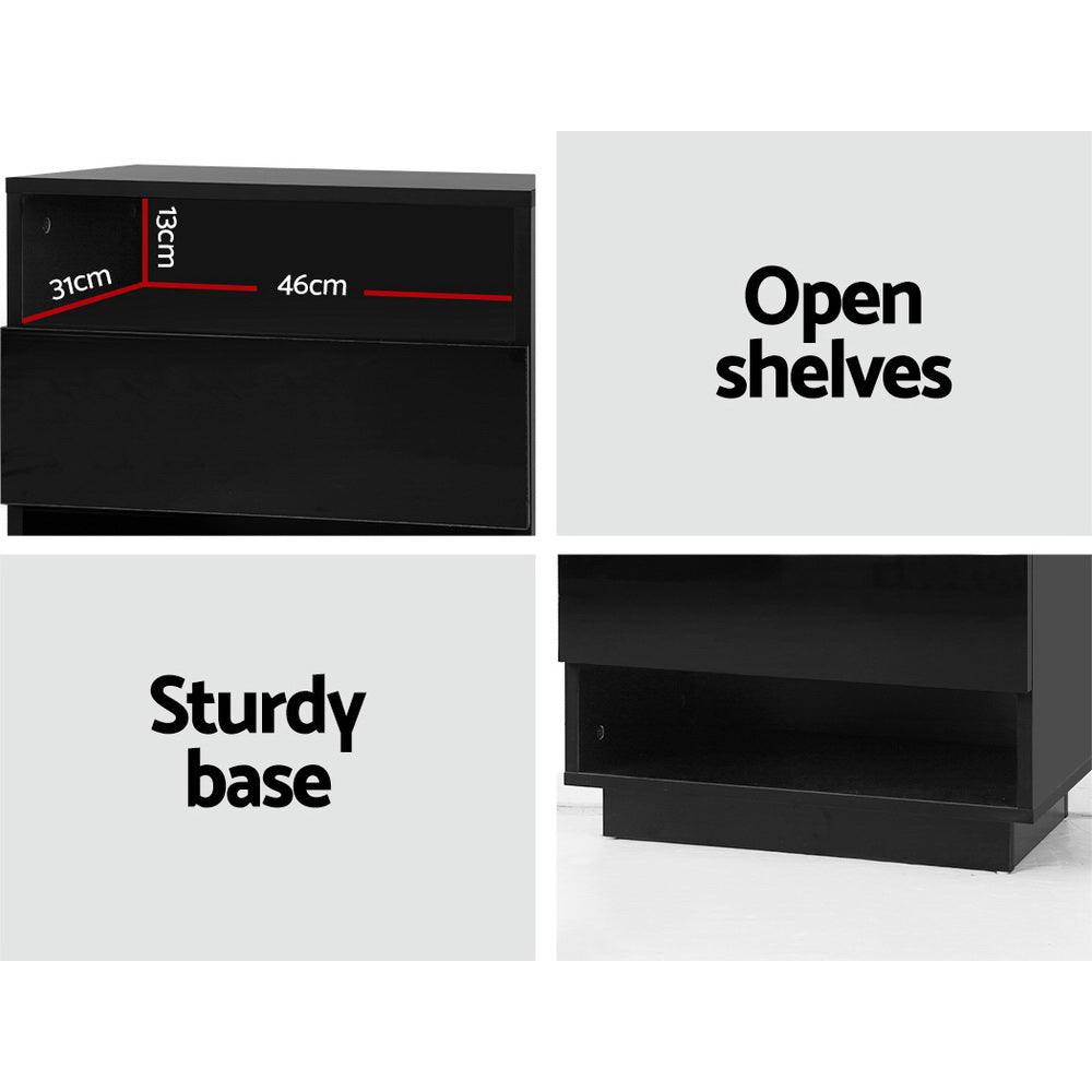 Artiss Hana LED Bedside Table with Drawer and 2 Shelves – Black