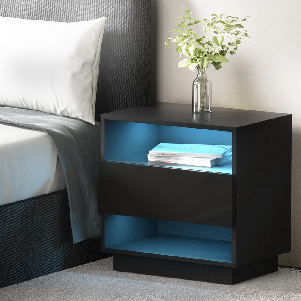Artiss Hana LED Bedside Table with Drawer and 2 Shelves – Black