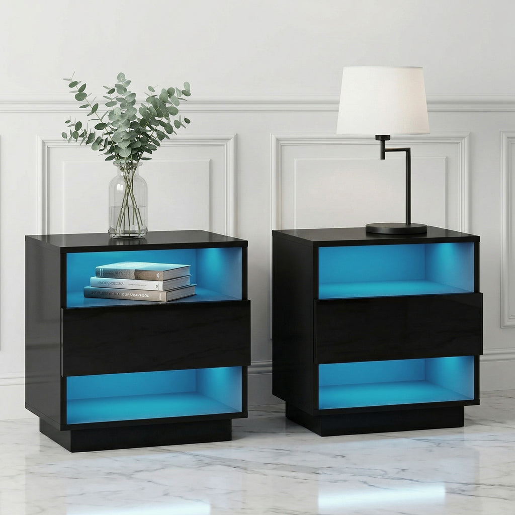 Artiss Hana LED Bedside Tables with Drawer and 2 Shelves – Black, Set of 2