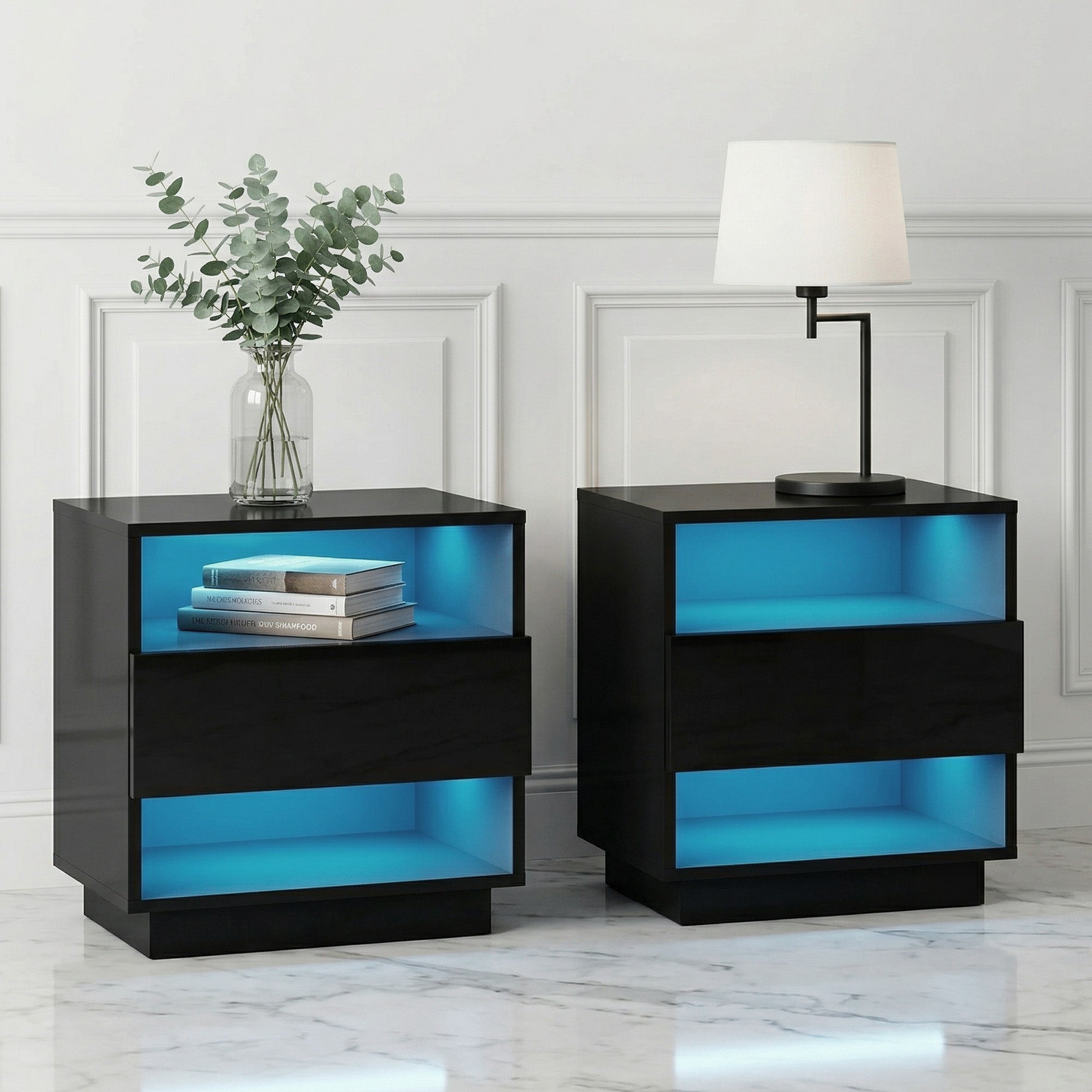 Artiss Hana LED Bedside Tables with Drawer and 2 Shelves – Black, Set of 2