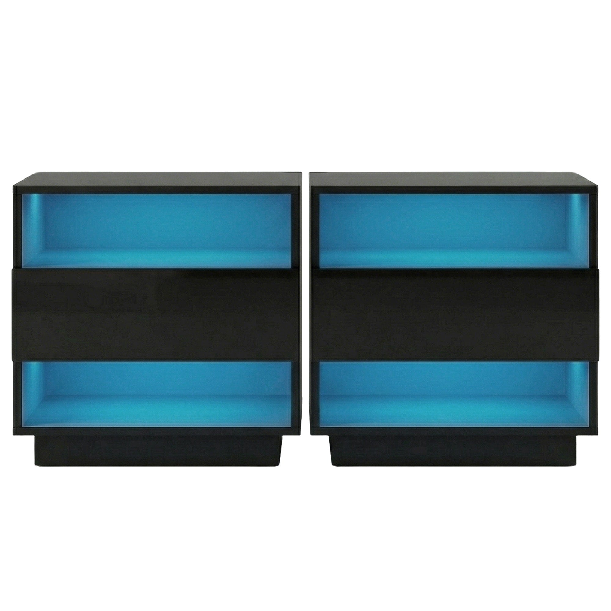 Artiss Hana LED Bedside Tables with Drawer and 2 Shelves – Black, Set of 2