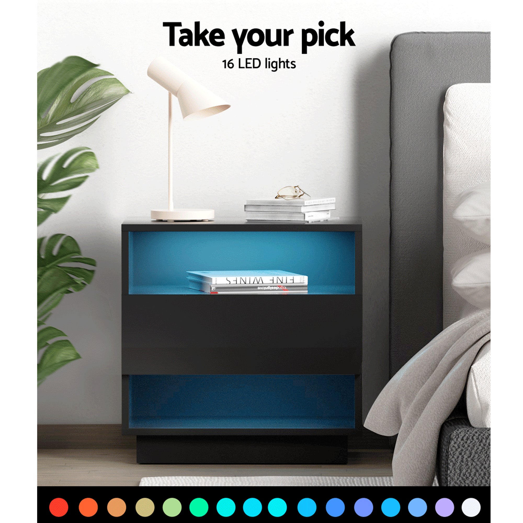 Artiss Hana LED Bedside Tables with Drawer and 2 Shelves – Black, Set of 2
