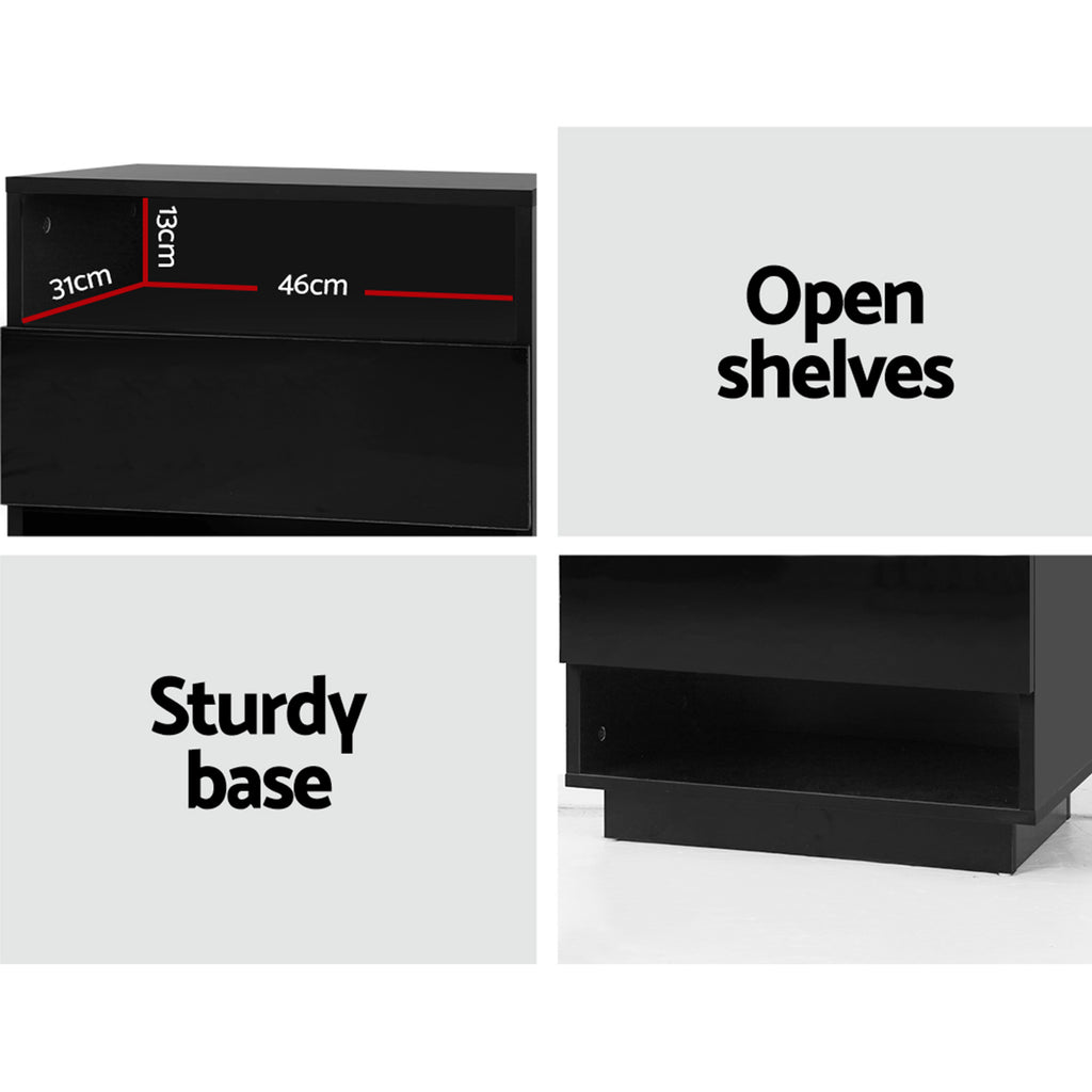 Artiss Hana LED Bedside Tables with Drawer and 2 Shelves – Black, Set of 2